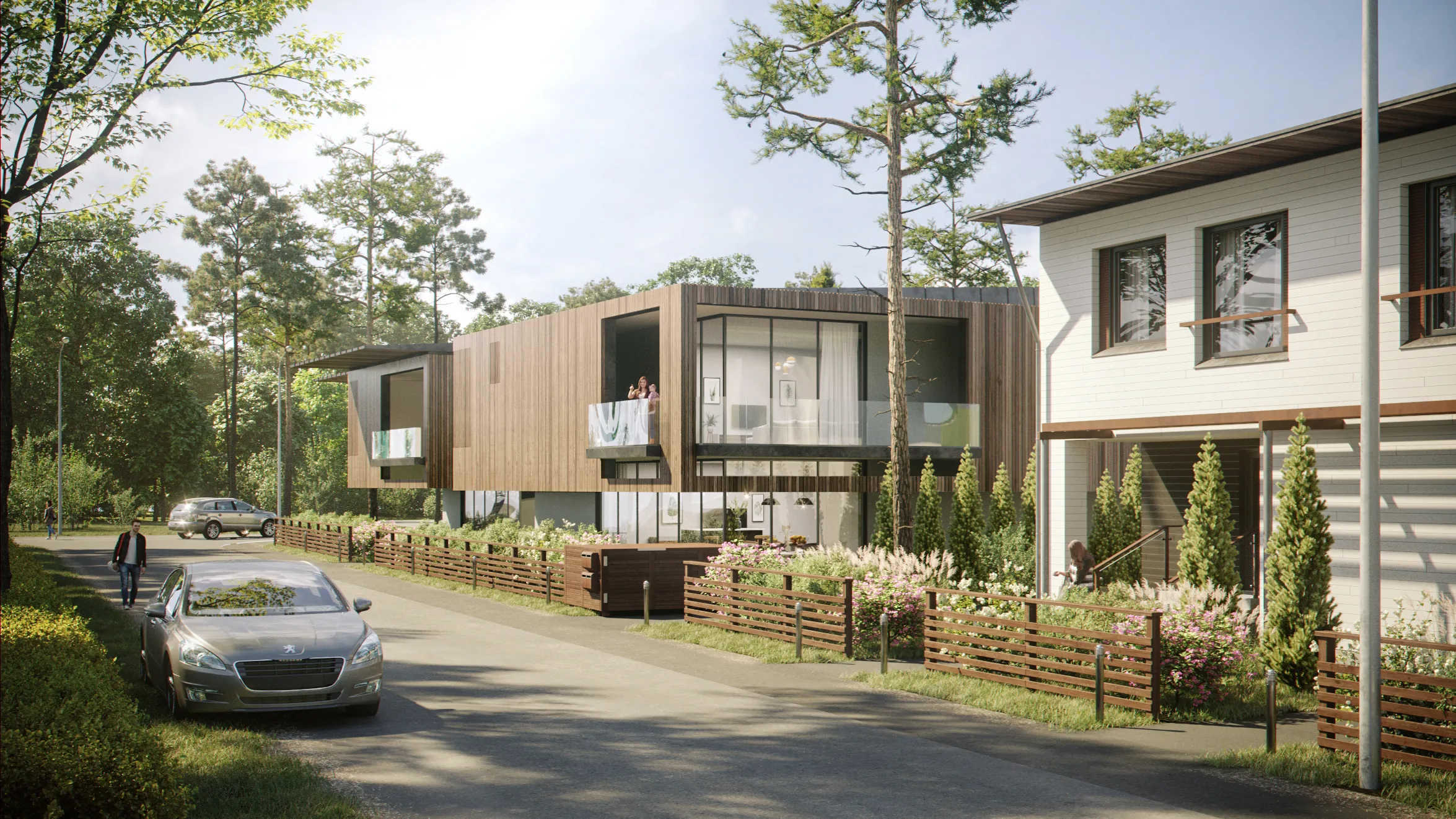 Street-level view of timber townhouses along an existing road, Finland