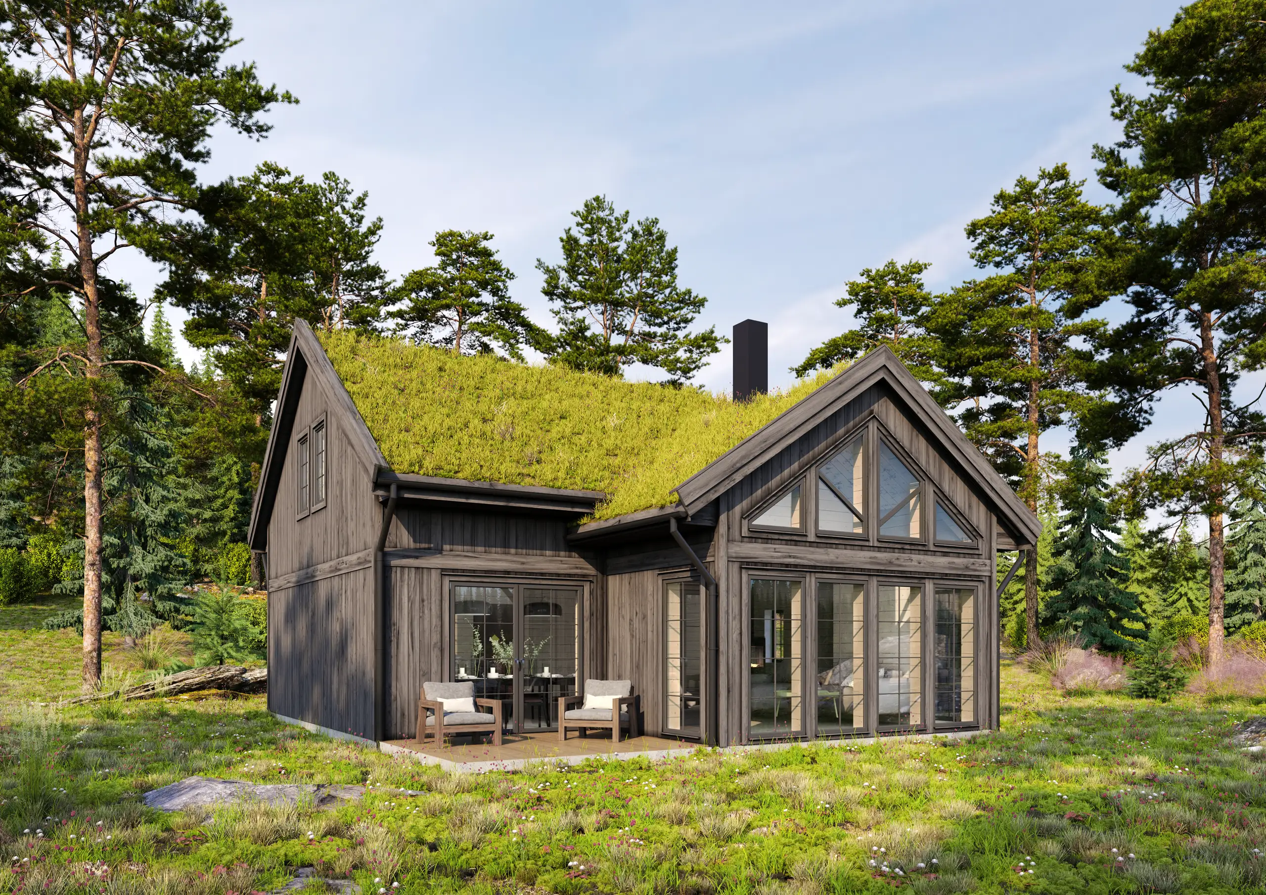 3D exterior rendering of a dark timber cabin with a turf roof among pines, Norway