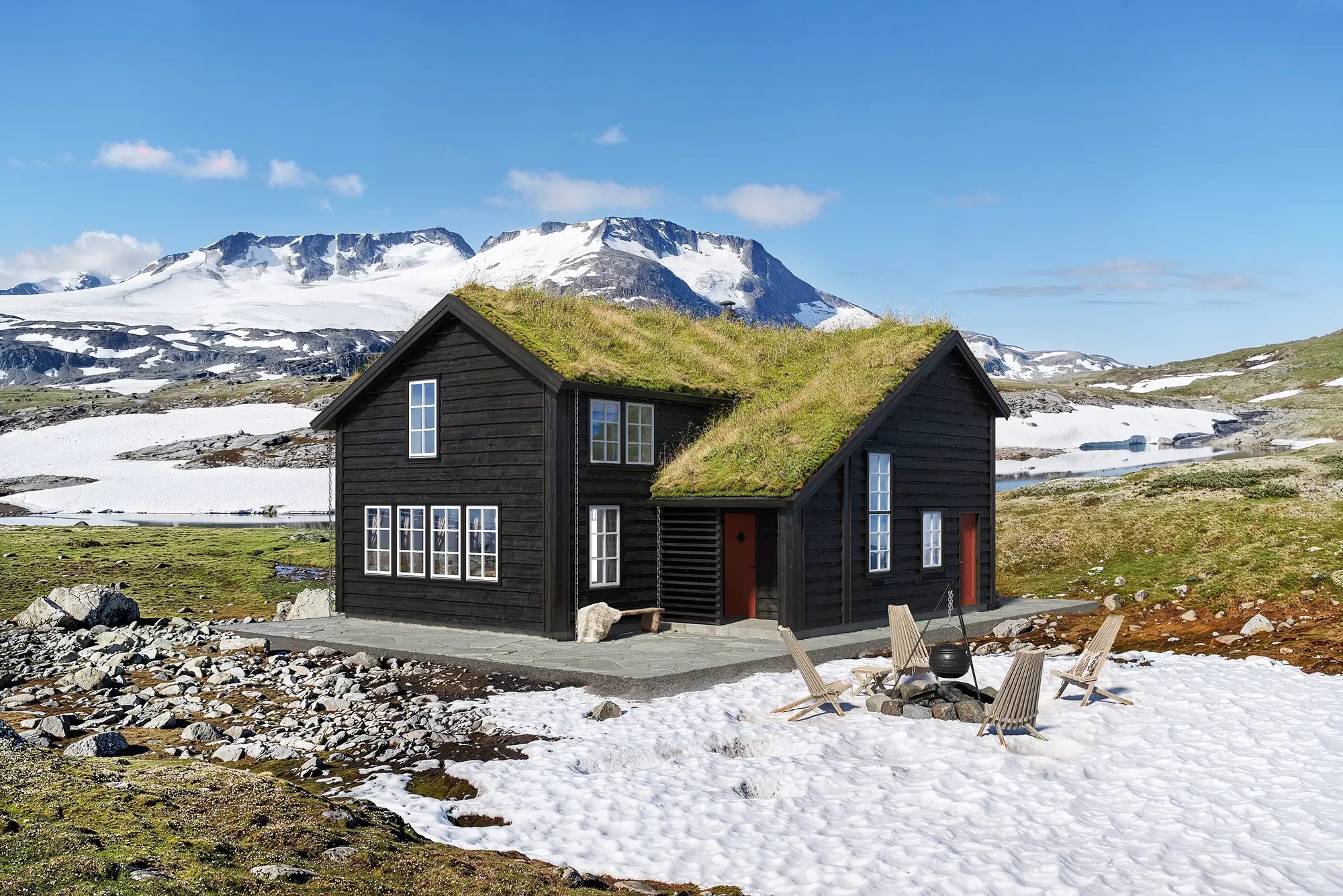 3D exterior rendering of a turf-roof cabin in the mountains with snow on the ground, Norway