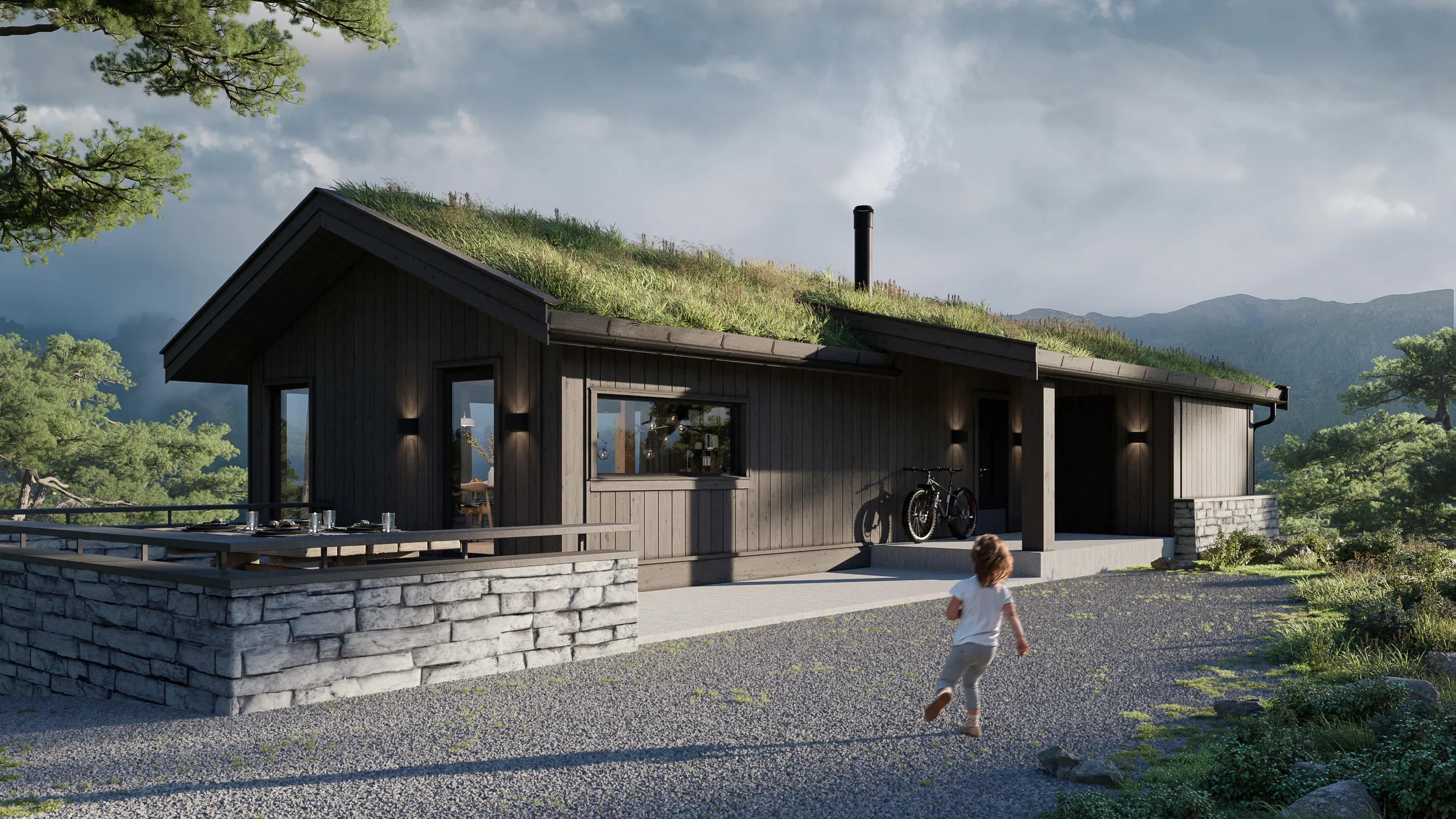 3D exterior rendering of a dark timber house with a turf roof and stone base, a child running on the gravel outside, Norway