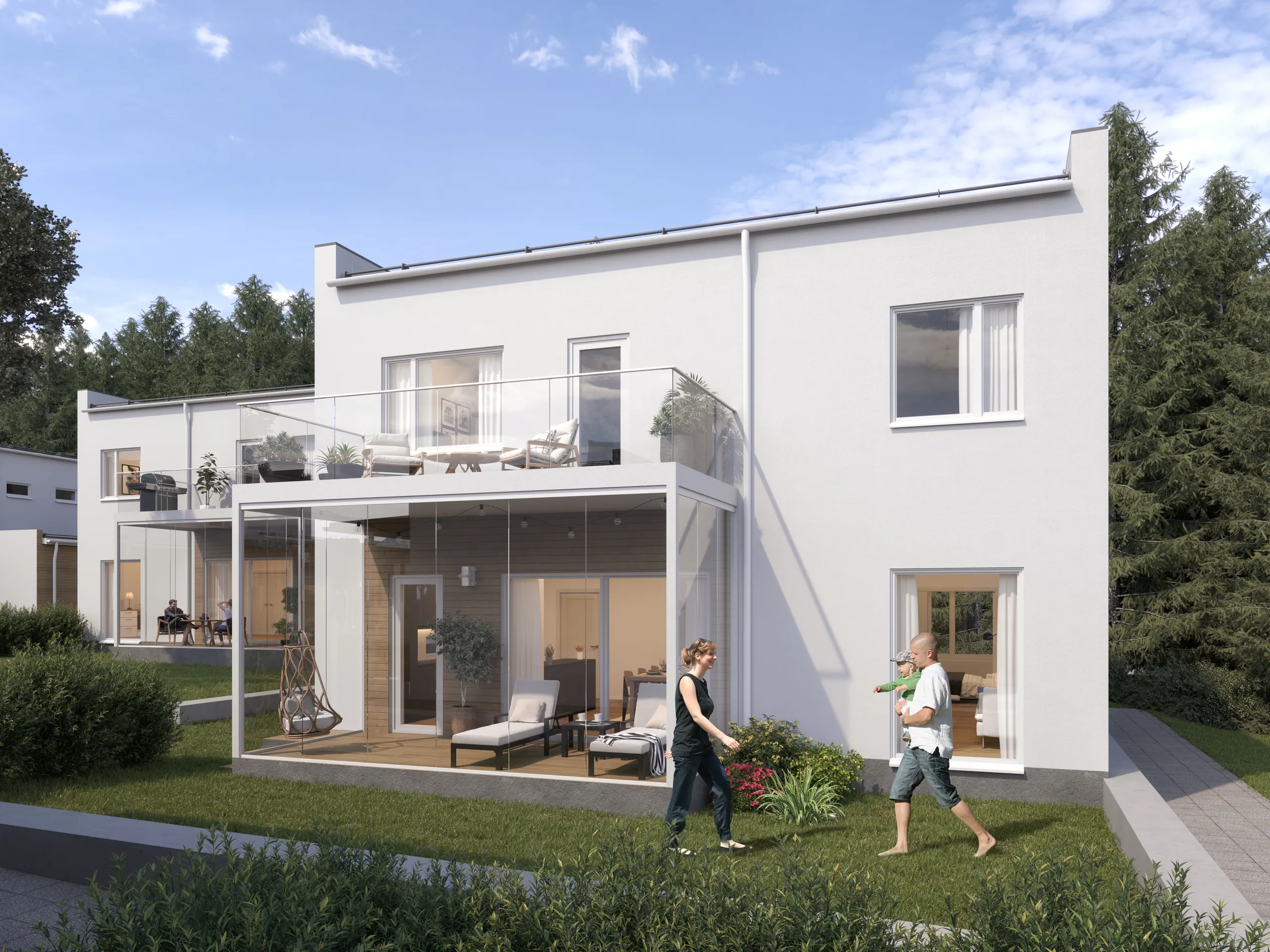 Eye-level view of a two-storey house from the street, at the height a resident stands, Finland