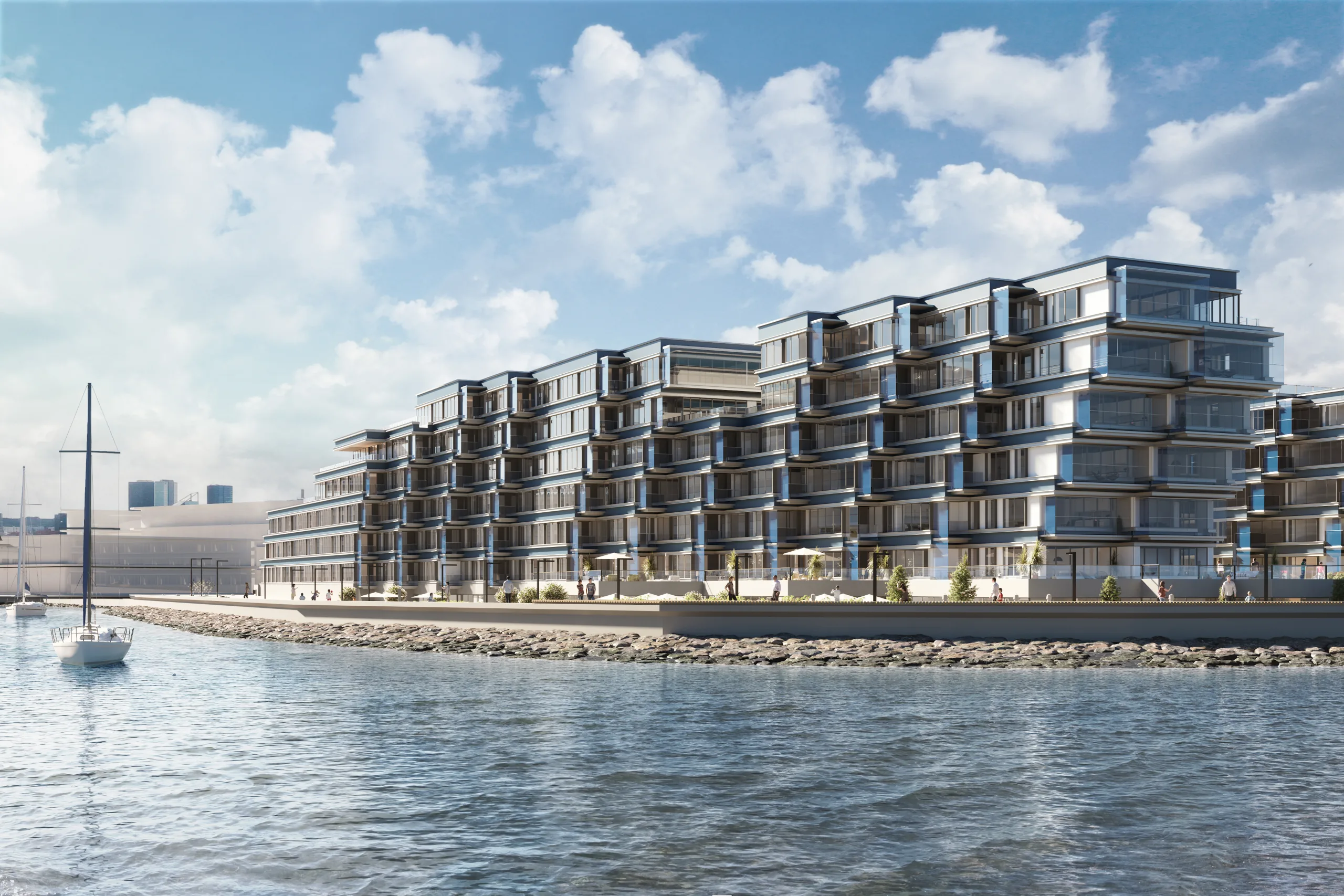 3D exterior rendering of a waterfront apartment development seen from the water, Estonia