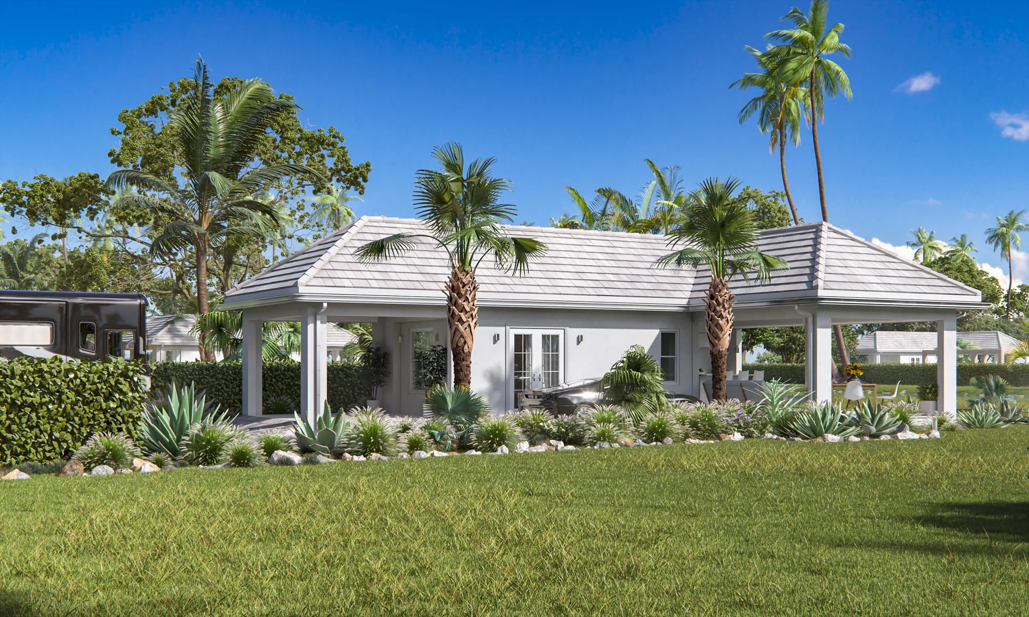 3D exterior rendering of a single-storey house with a hipped roof and a tropical garden, USA