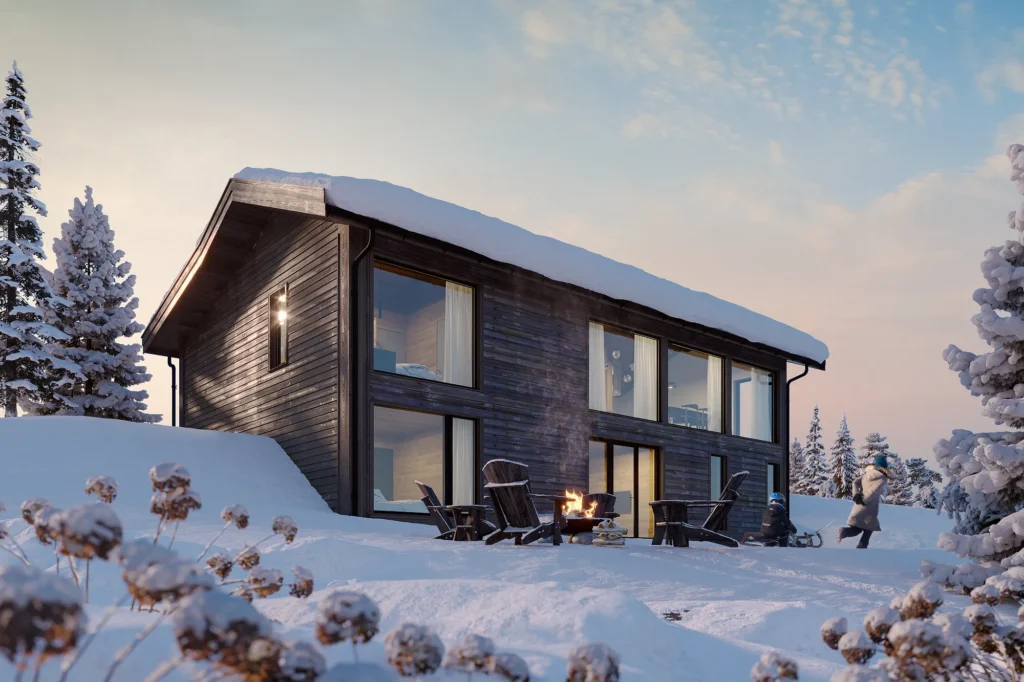 3d exterior rendering ski chalet dusk fire pit Norway