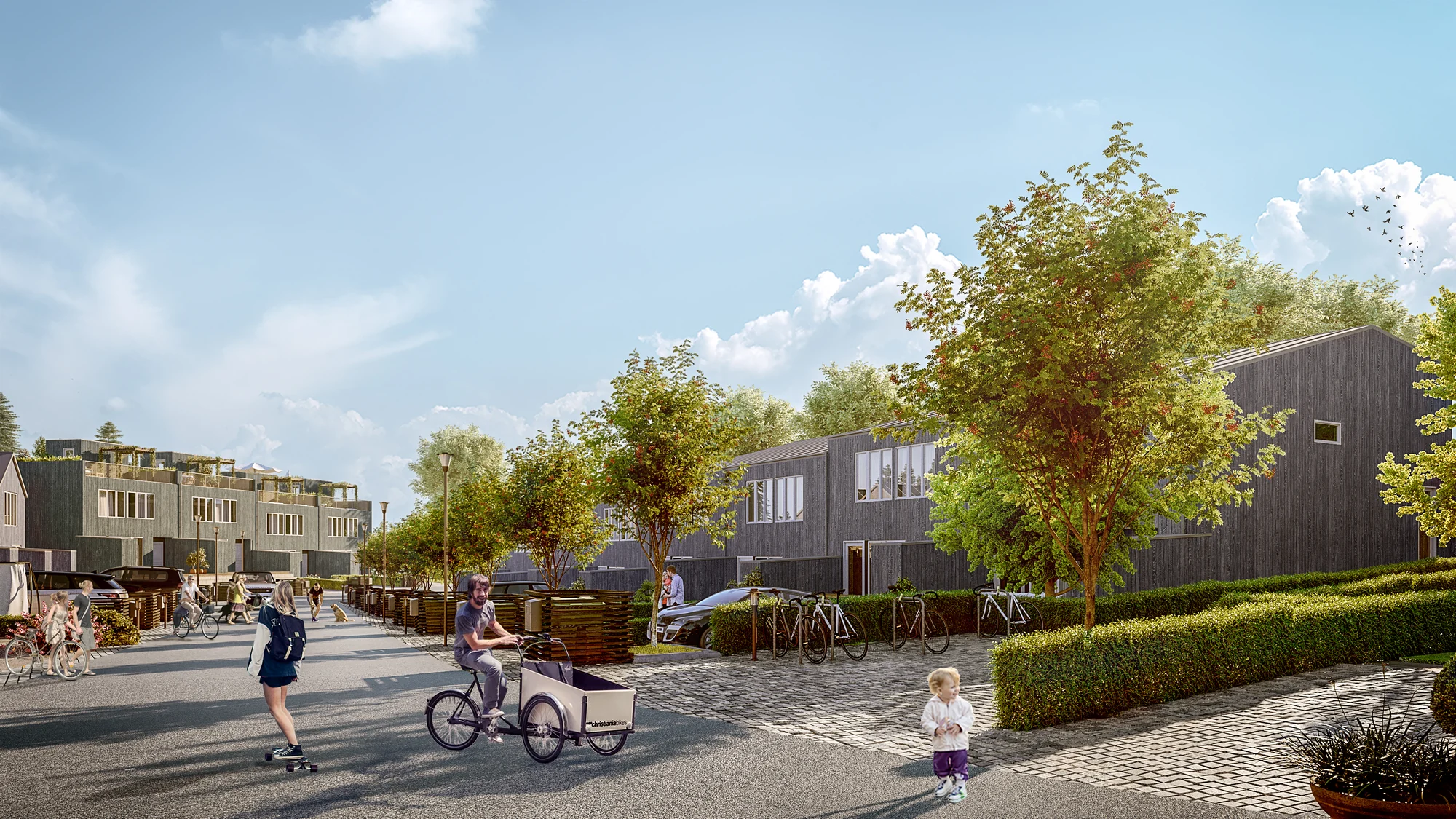 3D exterior rendering of a street of terraced houses with trees and a family on bicycles, Sweden