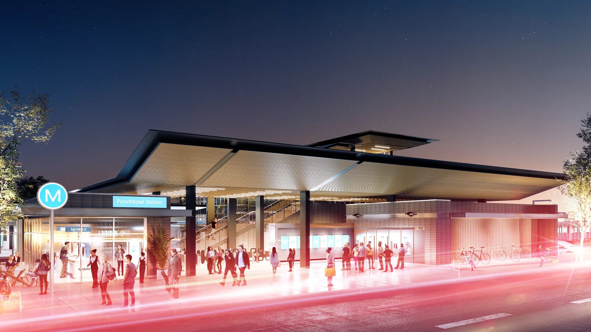 Night view of a transit station and its forecourt, Sydney, Australia