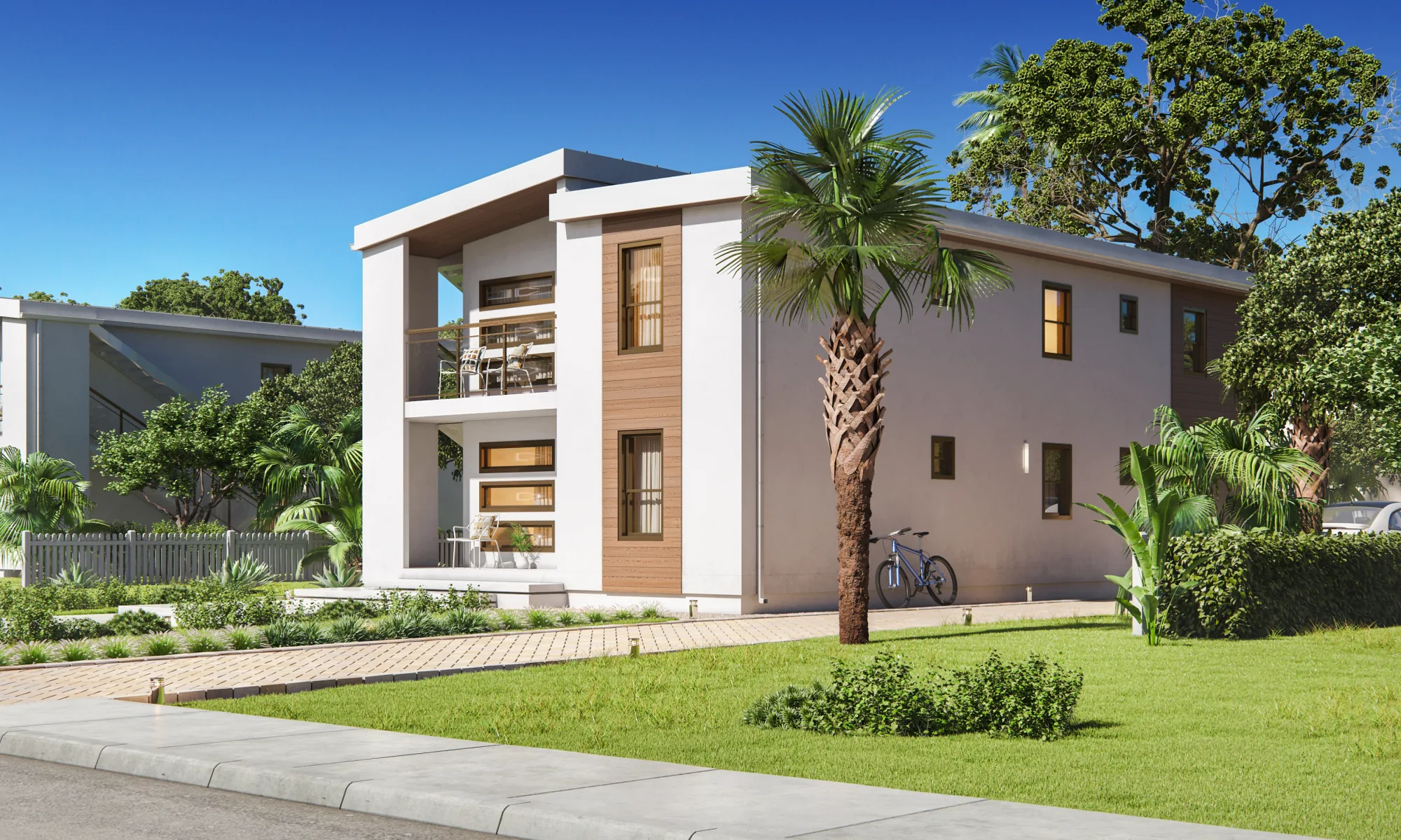 3D exterior rendering of a modern two-storey house with a lawn and palm trees, USA