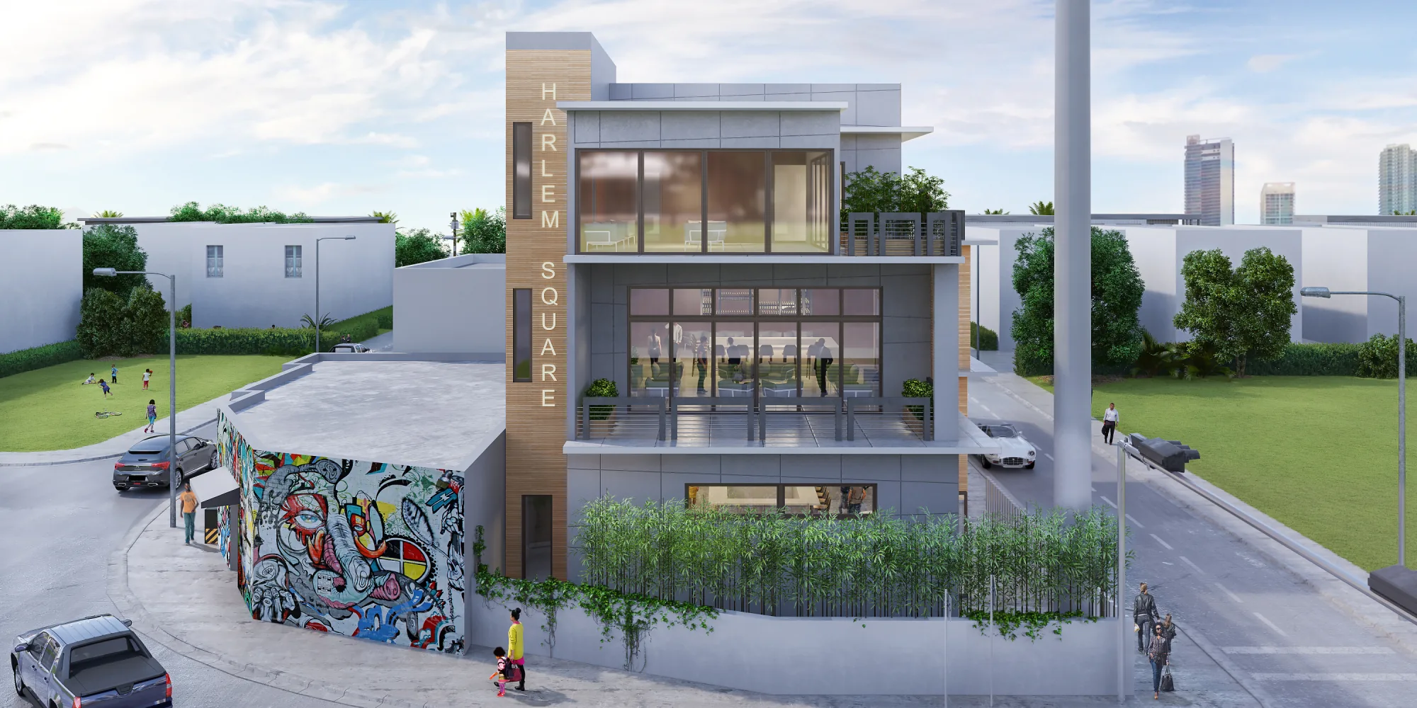 3D exterior rendering of an urban infill building with a glazed corner next to a wall mural, Miami, USA