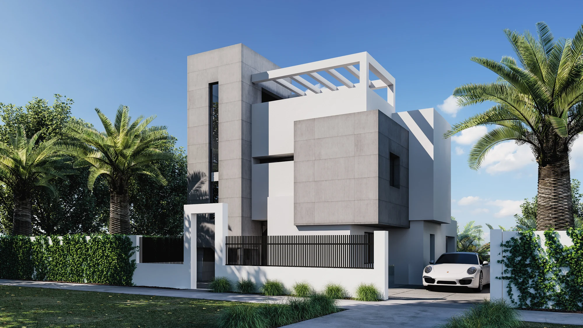 3D exterior rendering of a modern villa with palm trees and a gated entrance, Spain