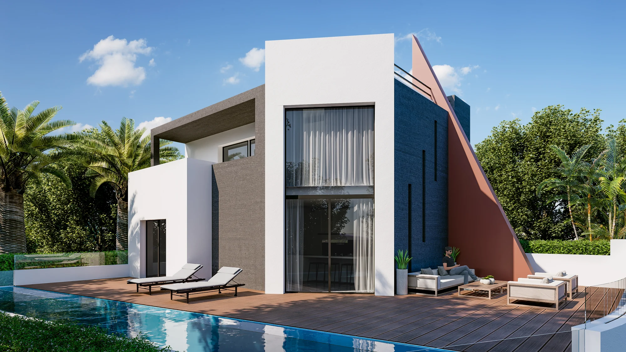 3D exterior rendering of a modern white house with a pool terrace and palm trees, Spain