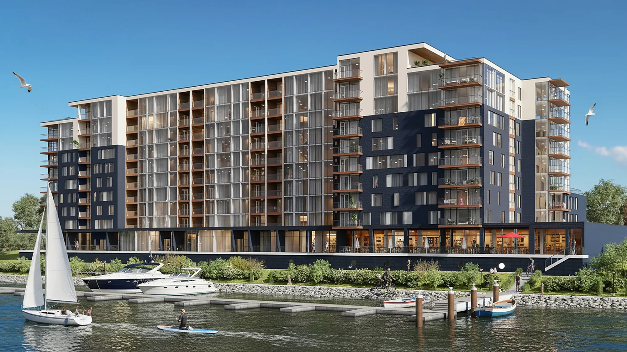 3D exterior rendering of a condominium building on a waterfront with boats, Canada