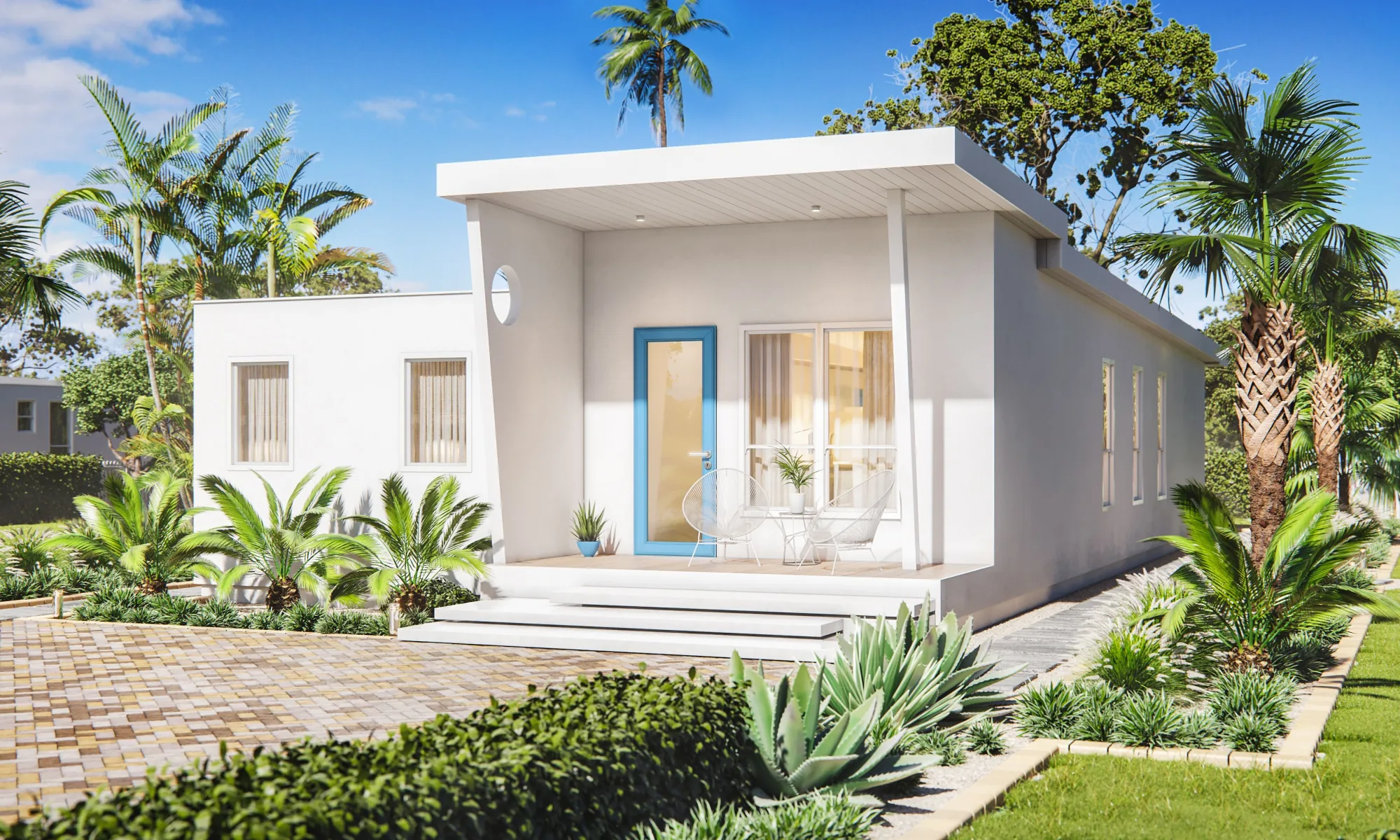 3D exterior rendering of a white single-storey villa with a tropical garden, USA