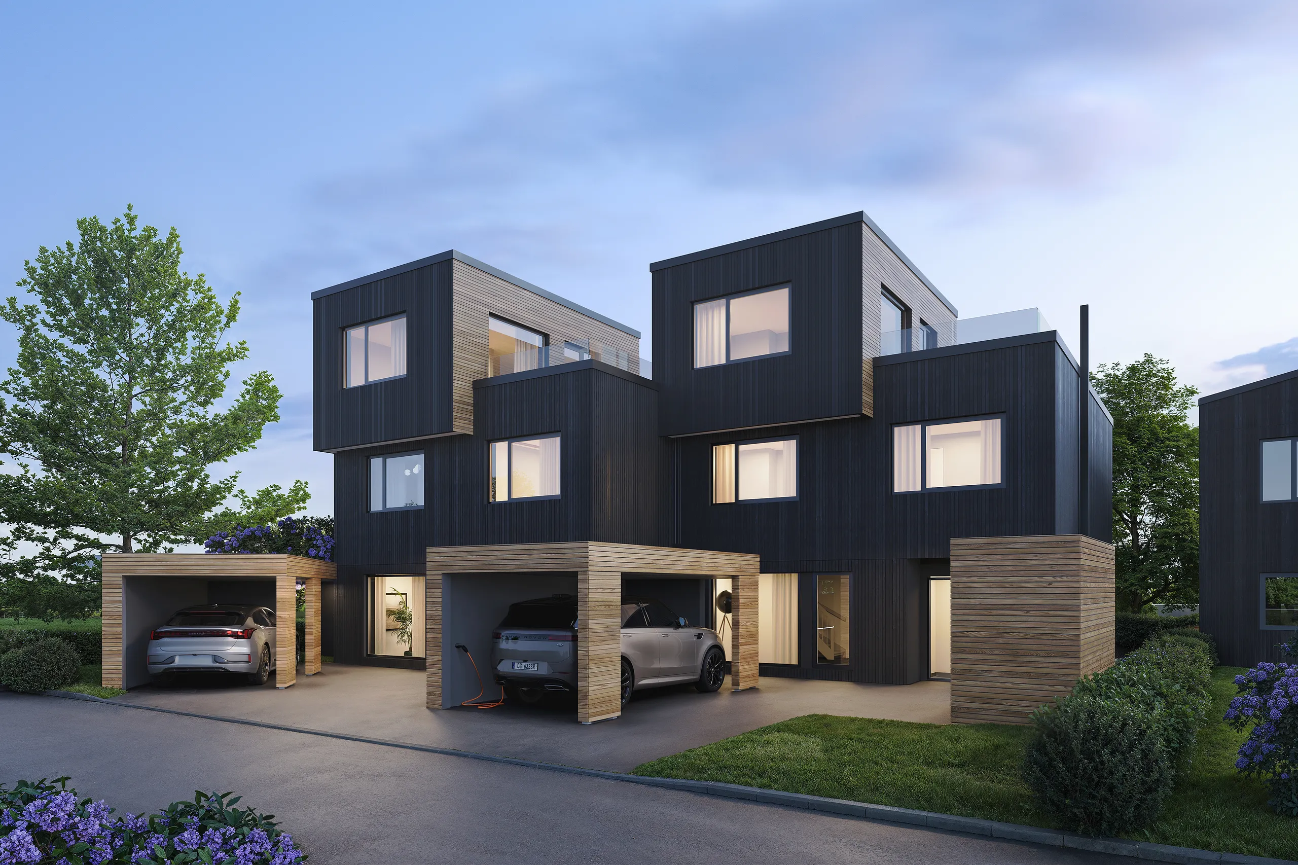 3D exterior rendering of a dark timber townhouse group with carports at dusk