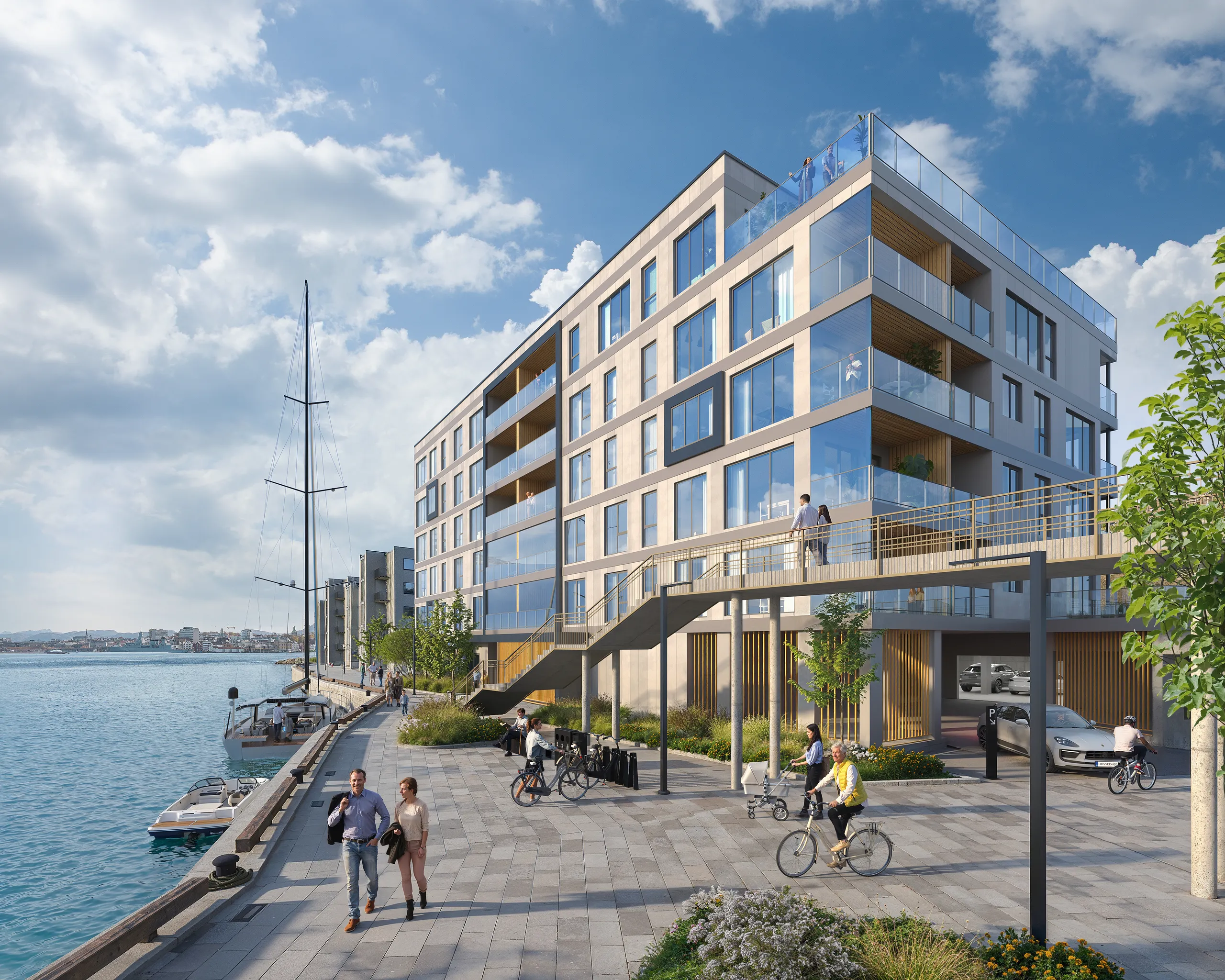 3D exterior rendering of a waterfront apartment building, Norway