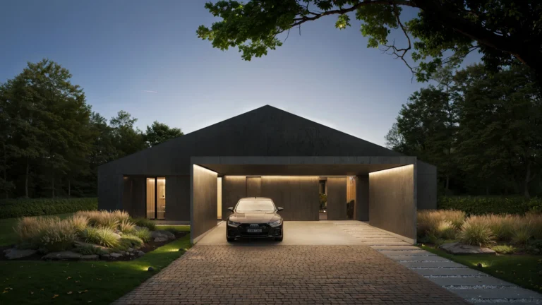 3D exterior rendering of a dark modern house with a lit carport and landscaped driveway at dusk, Estonia