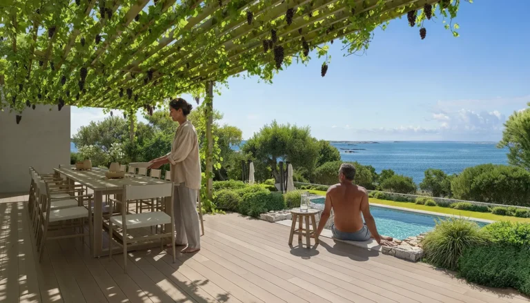 3D exterior rendering of a villa pool terrace at dusk with people, Saint-Tropez, France