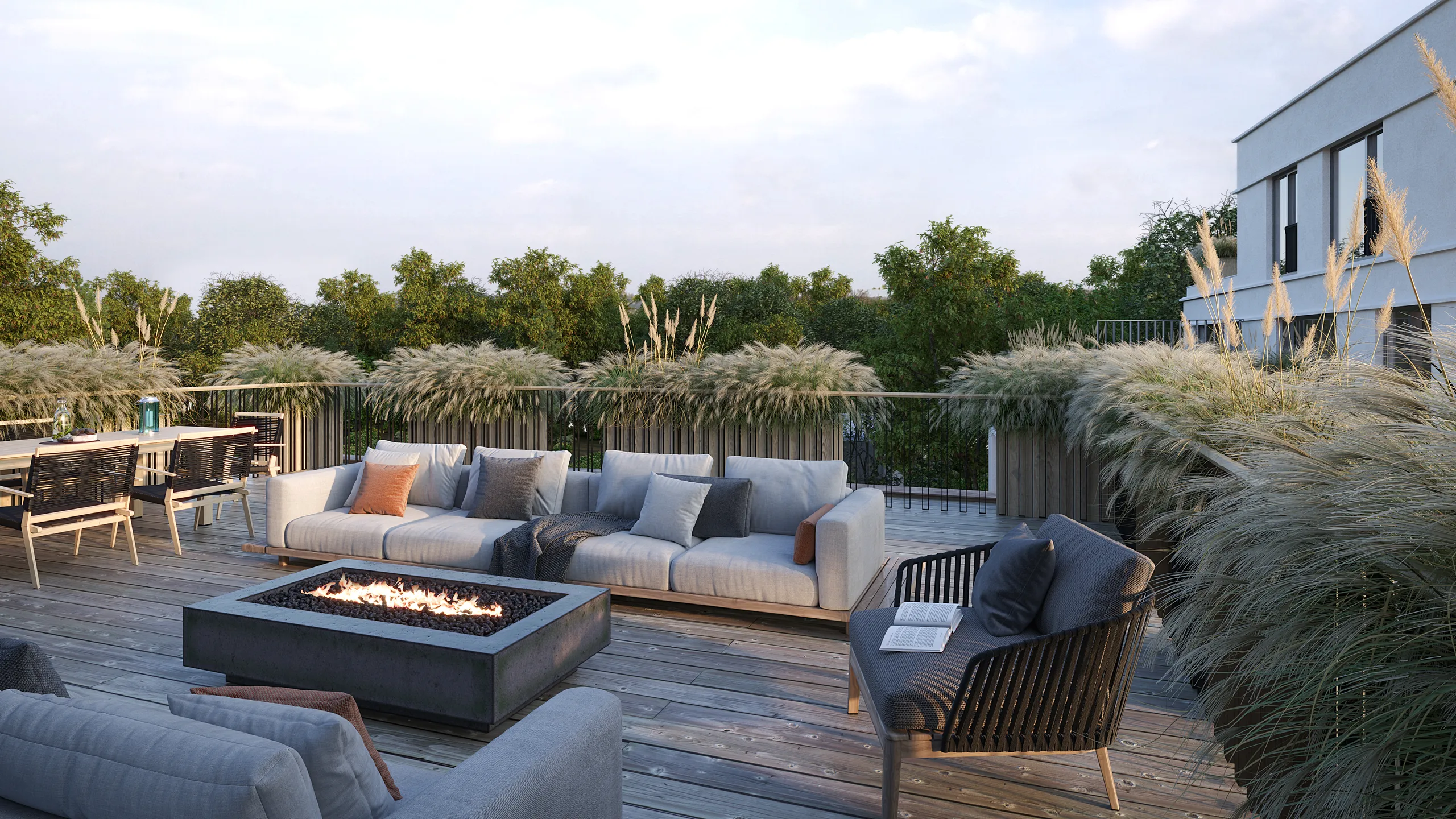 3D exterior rendering of a rooftop terrace at dusk, cropped as a short wide banner for a launch email, Estonia