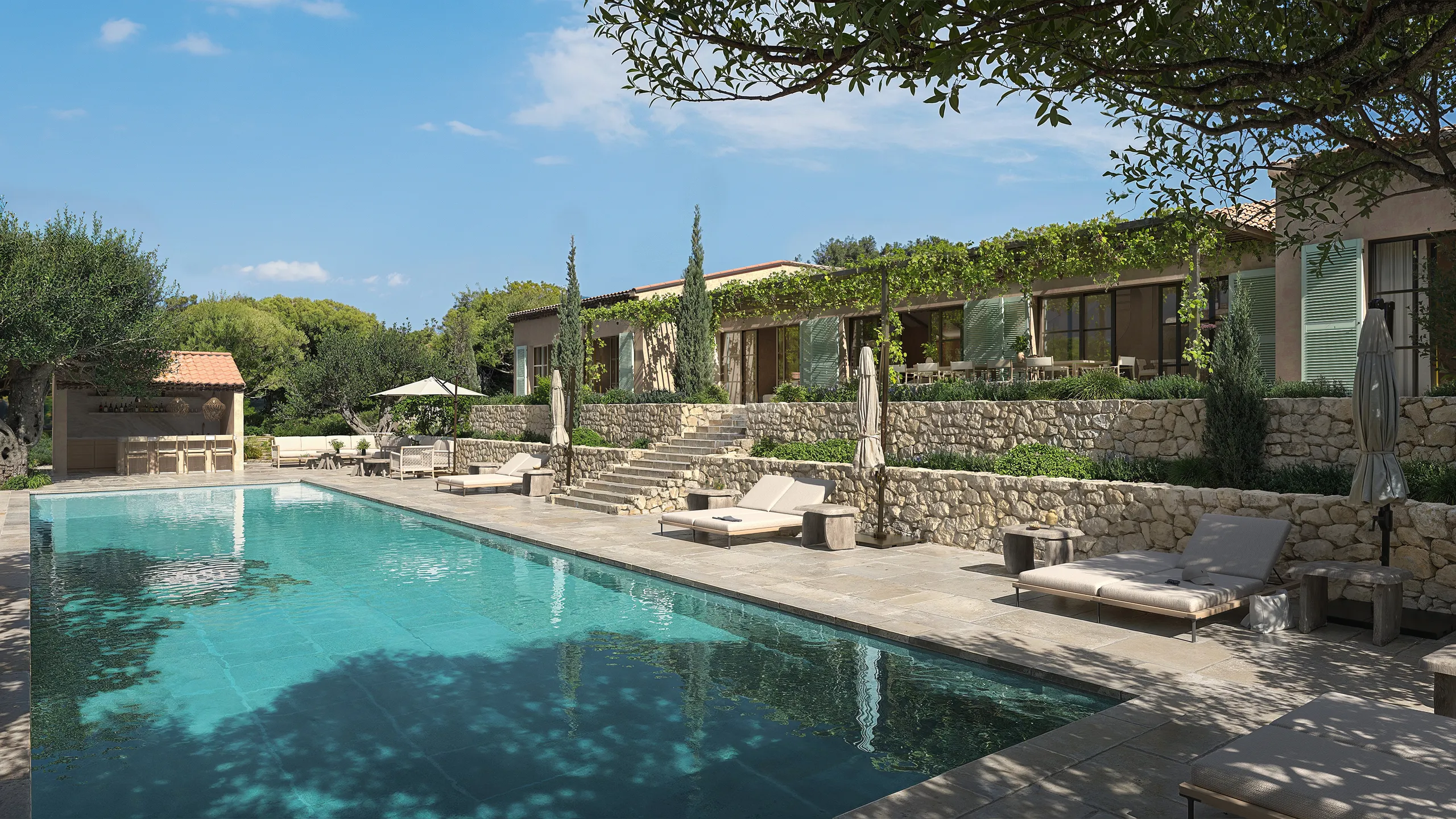 3D exterior rendering of a Mediterranean villa with a pool and stone terraces