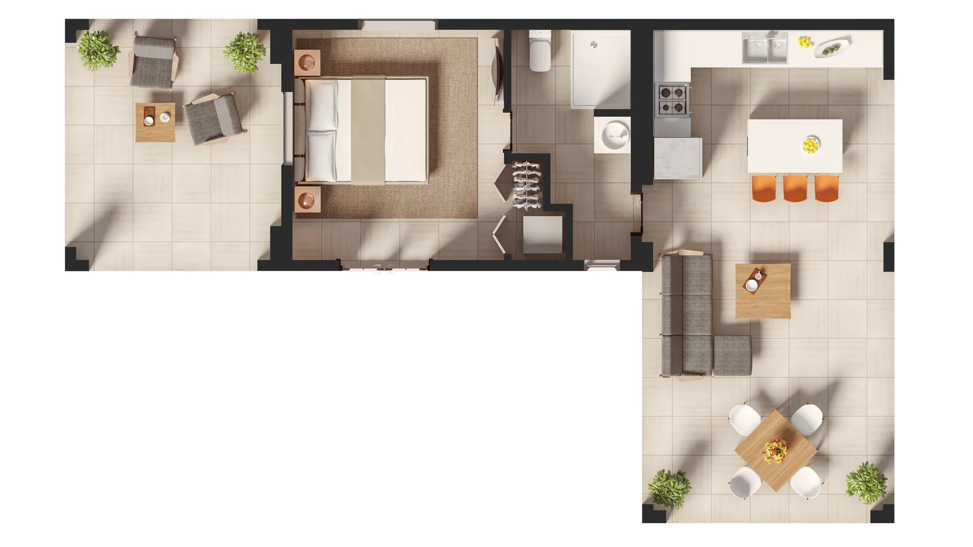 3D floor plan of an apartment with a terrace, USA
