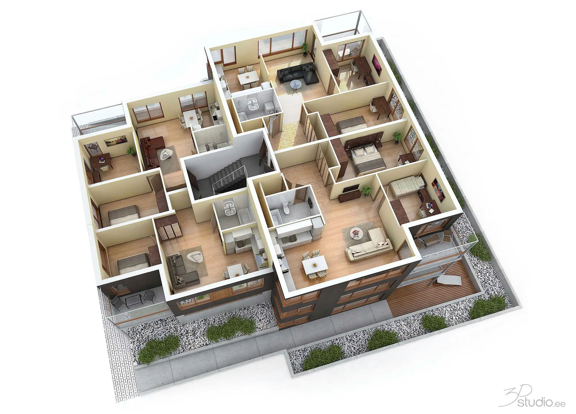 3D dollhouse floor plan of a house and its garden seen from above, Estonia