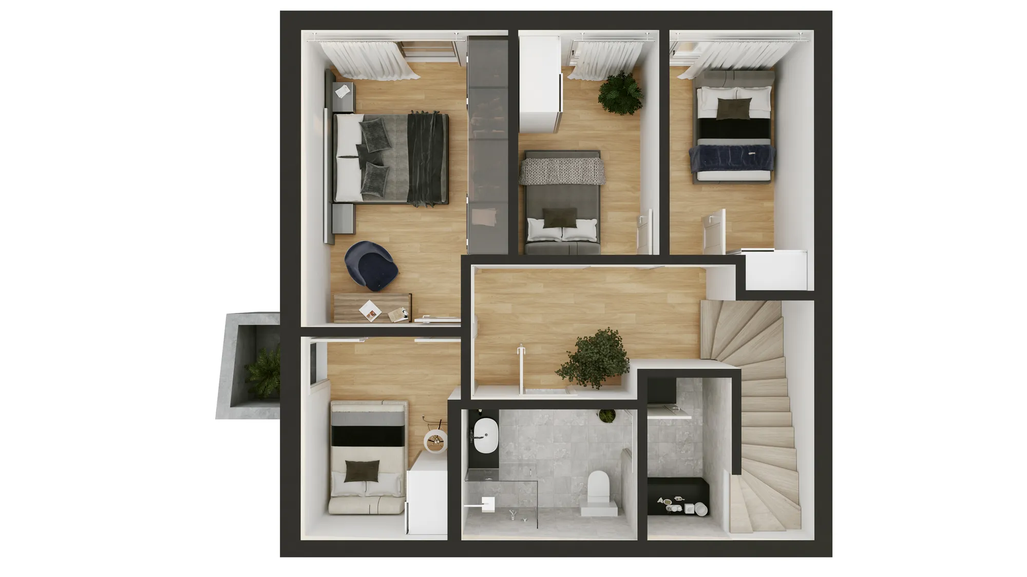Coloured ground floor plan of a family house with its terrace, Norway