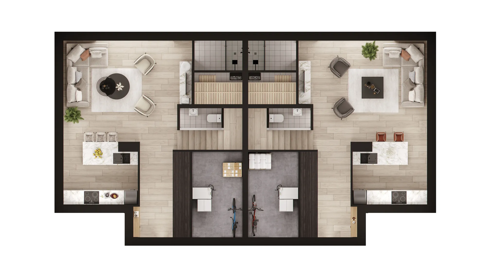 3D floor plan rendering of a semi-detached pair, both units furnished and seen from above, Estonia