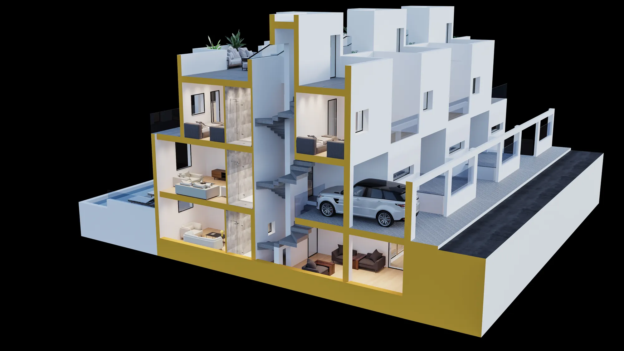 Cutaway floor plan rendering of a stepped apartment building, Spain