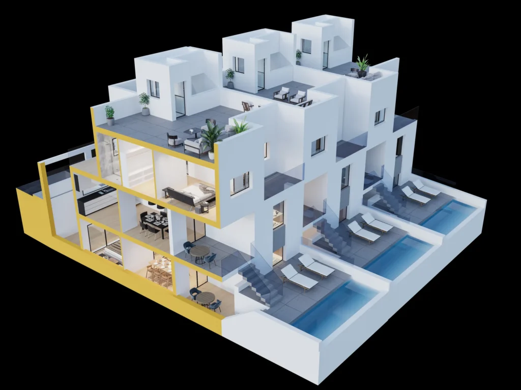 Valge astmelise korterelamu 3D läbilõikemudel privaatsete terrassibasseinidega, Hispaania