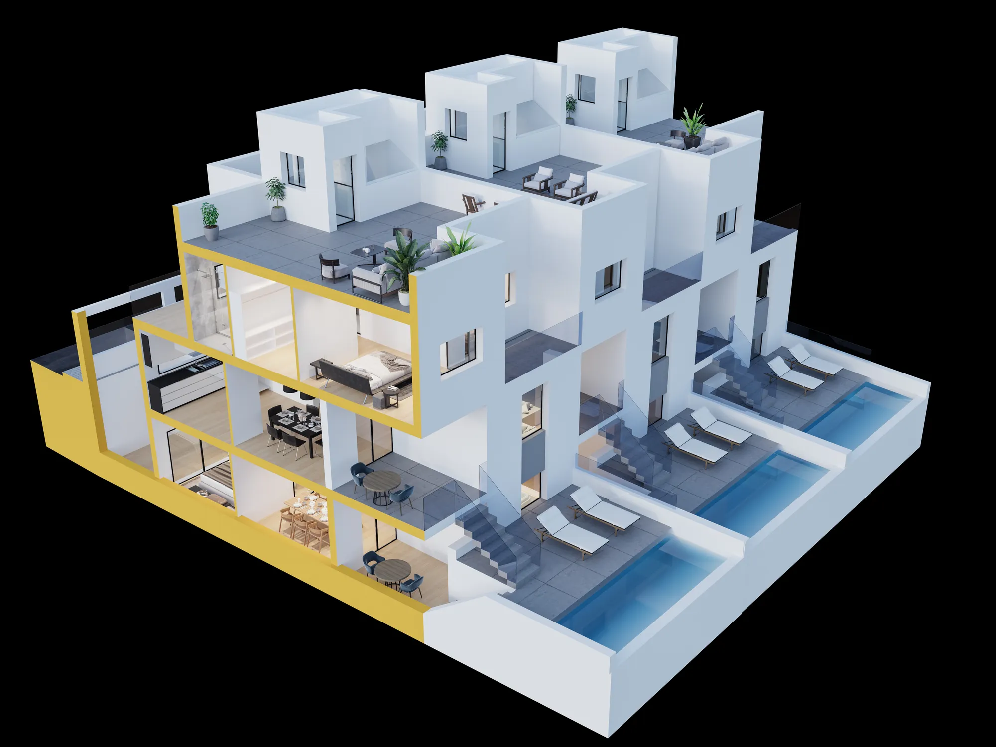 Cutaway of a stepped apartment block with the units and terraces exposed