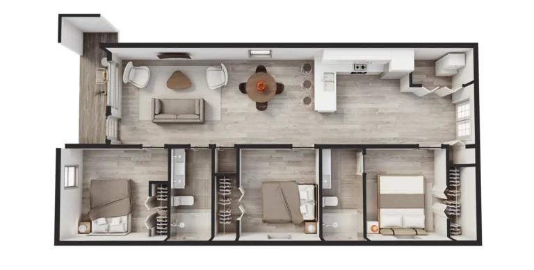 3D floor plan of a two-bedroom apartment with an open living and dining area, USA