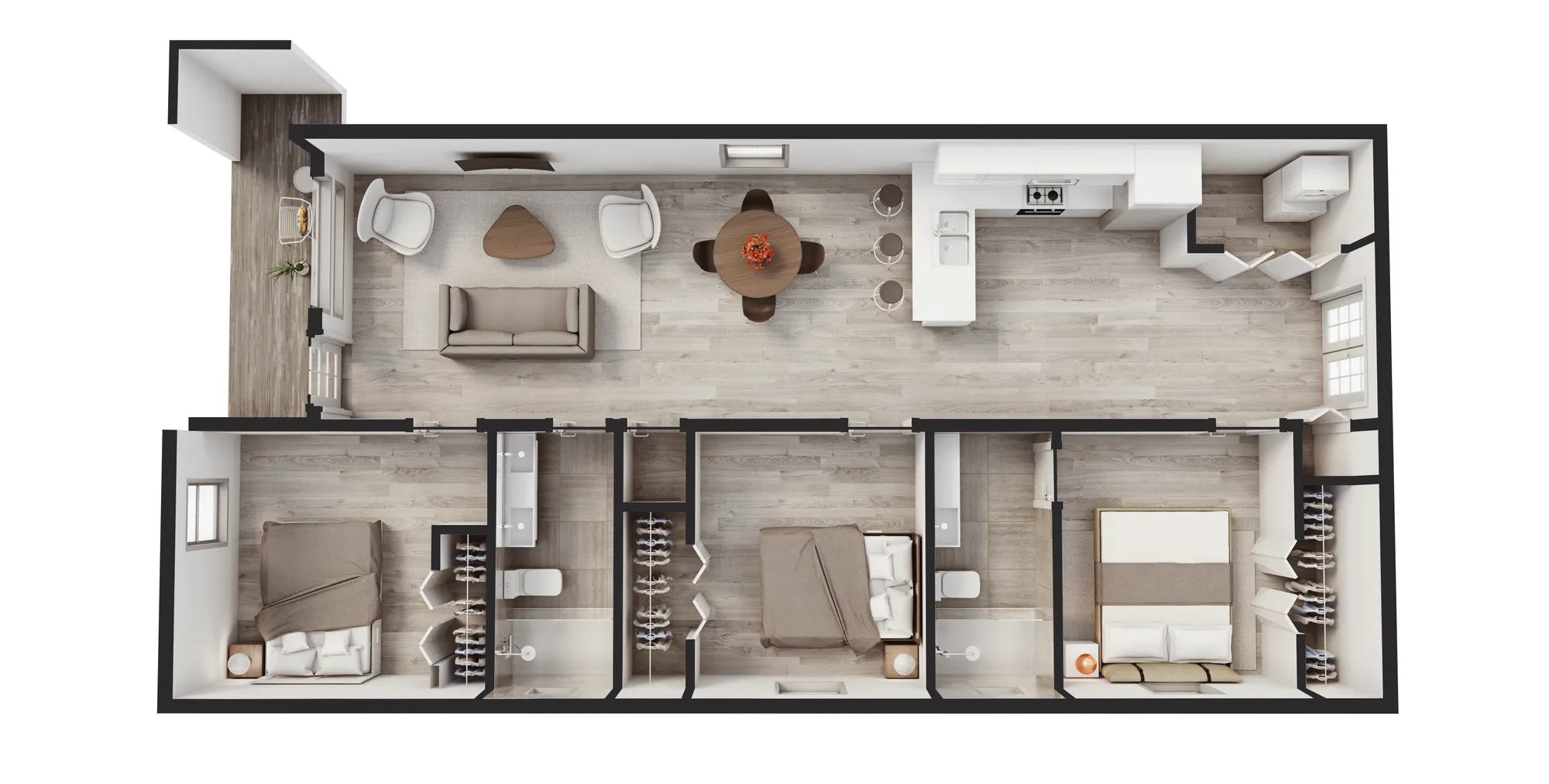A furnished 3D floor plan of a two-bedroom apartment, USA