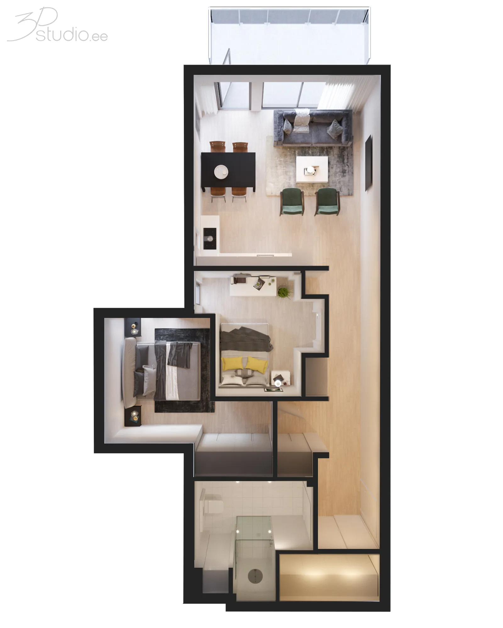 3D floor plan of a two-level apartment, Norway