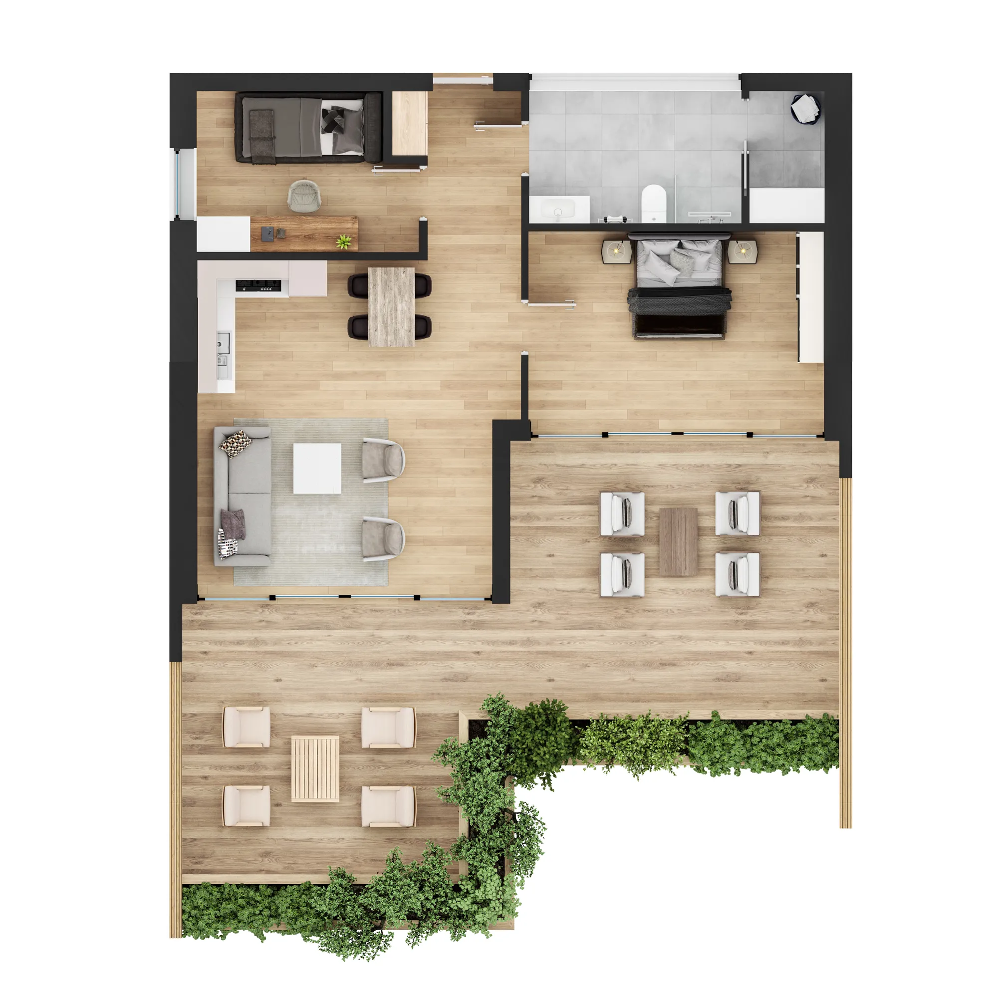 3D floor plan of an apartment with a planted terrace, Norway