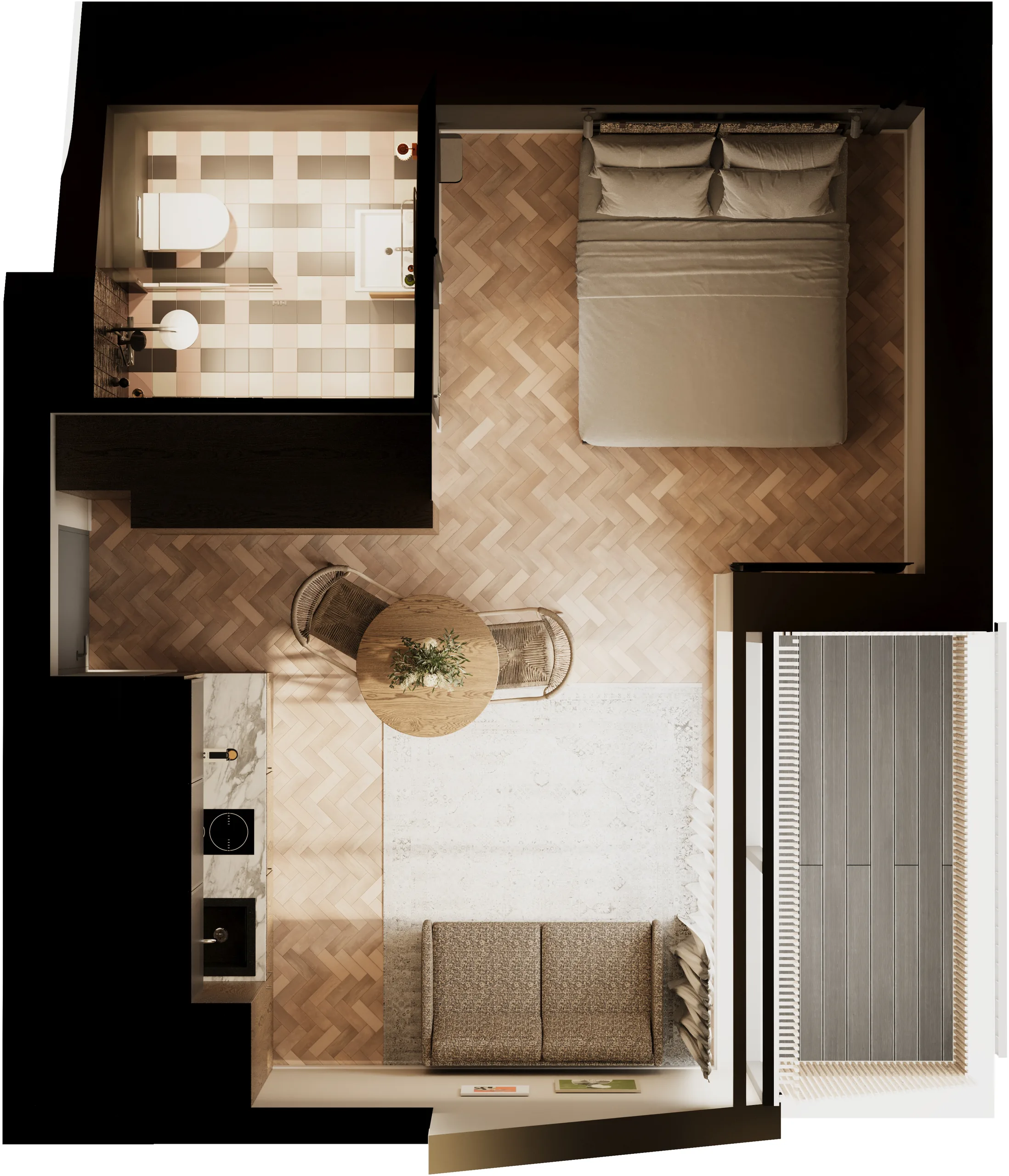 Coloured 3D floor plan of a hotel room with a bathroom and a balcony, Estonia