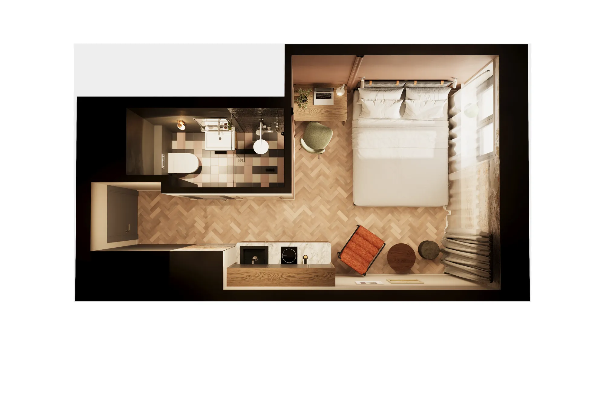 3D floor plan of a hotel room
