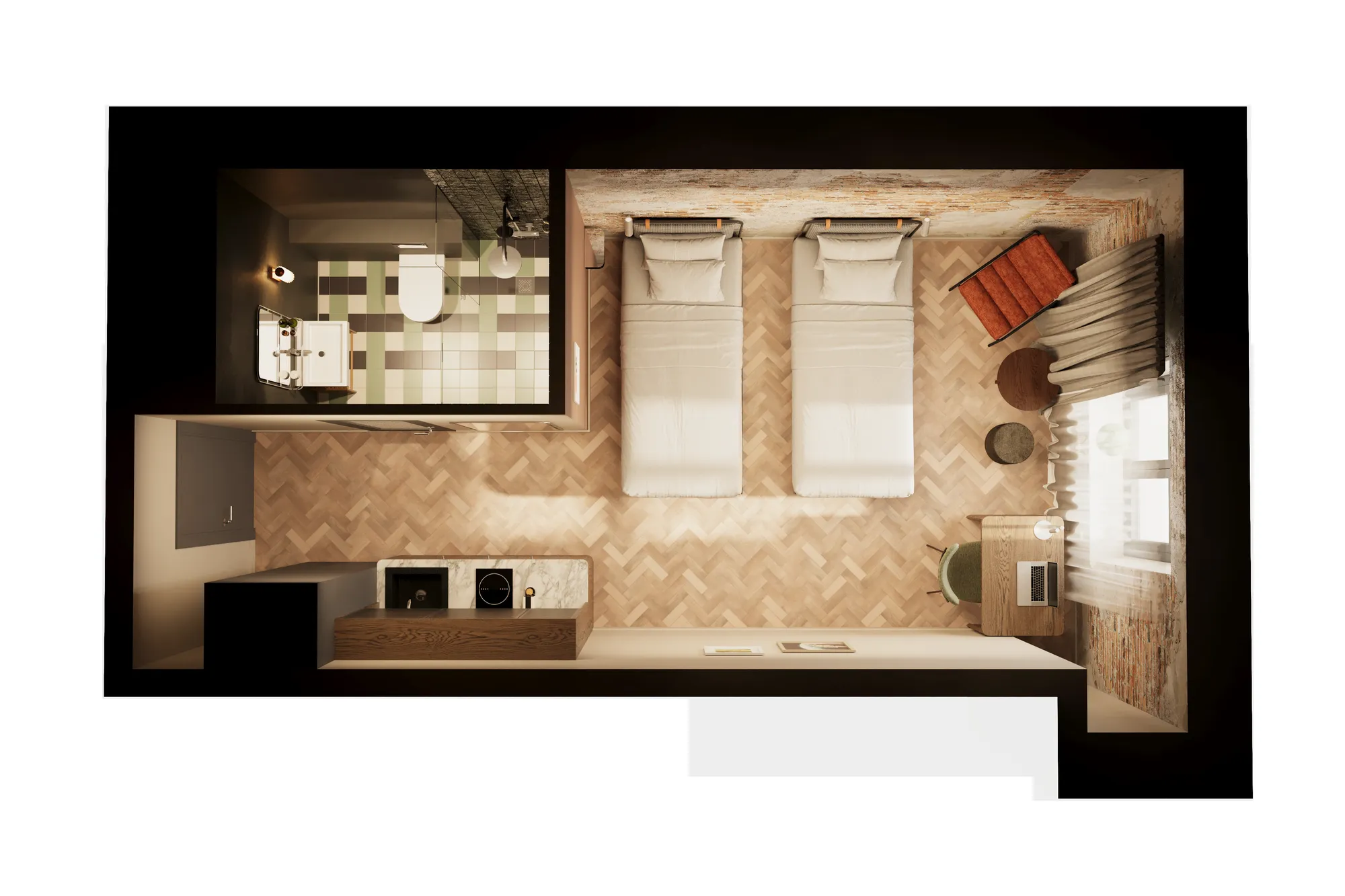 Ülaltvaates 3D hotellitoa plaan kahe üheinimesevoodi, miniköögi ja vannitoaga, Eesti