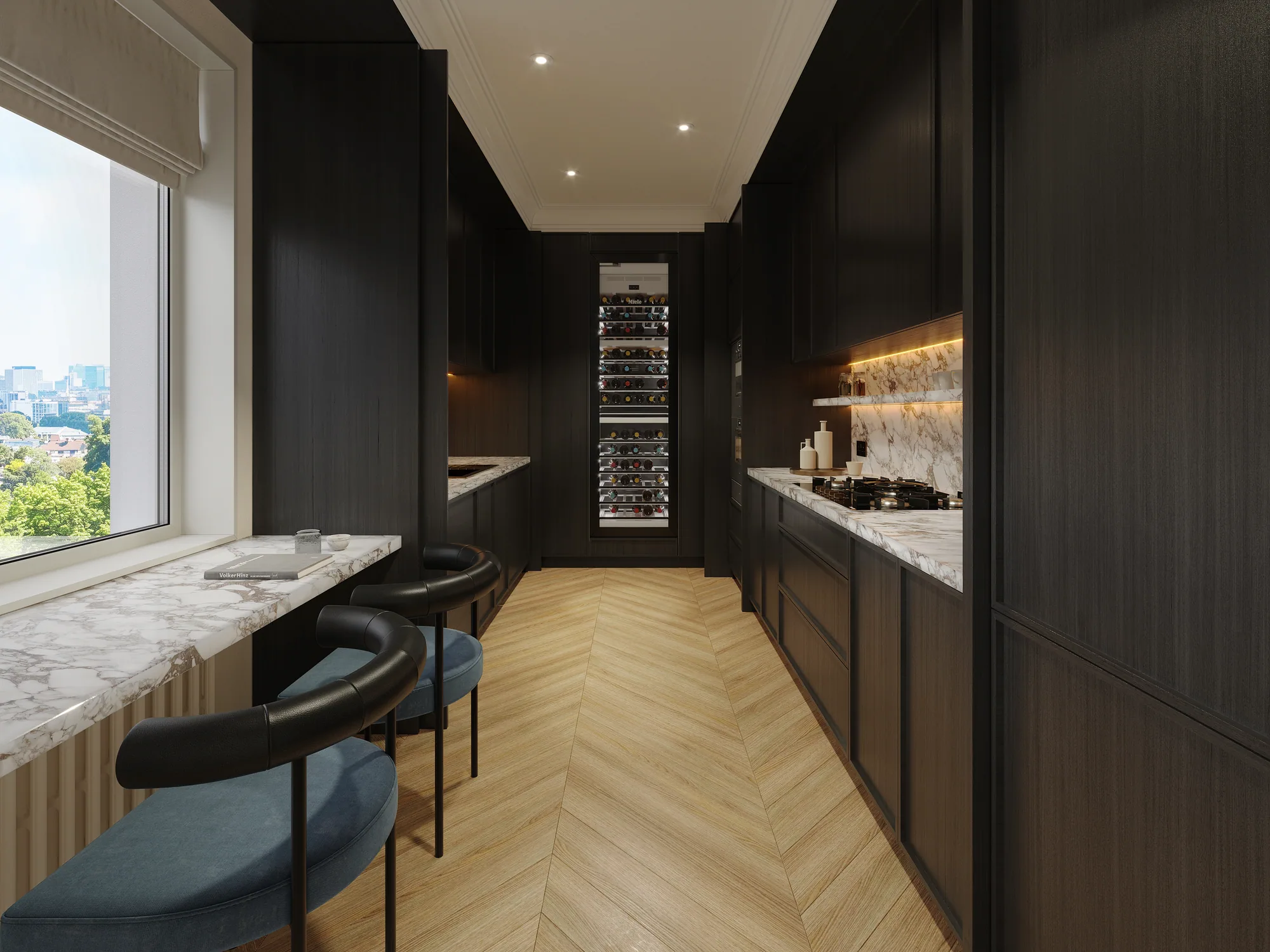 3D interior rendering of a galley kitchen with a herringbone floor, UK