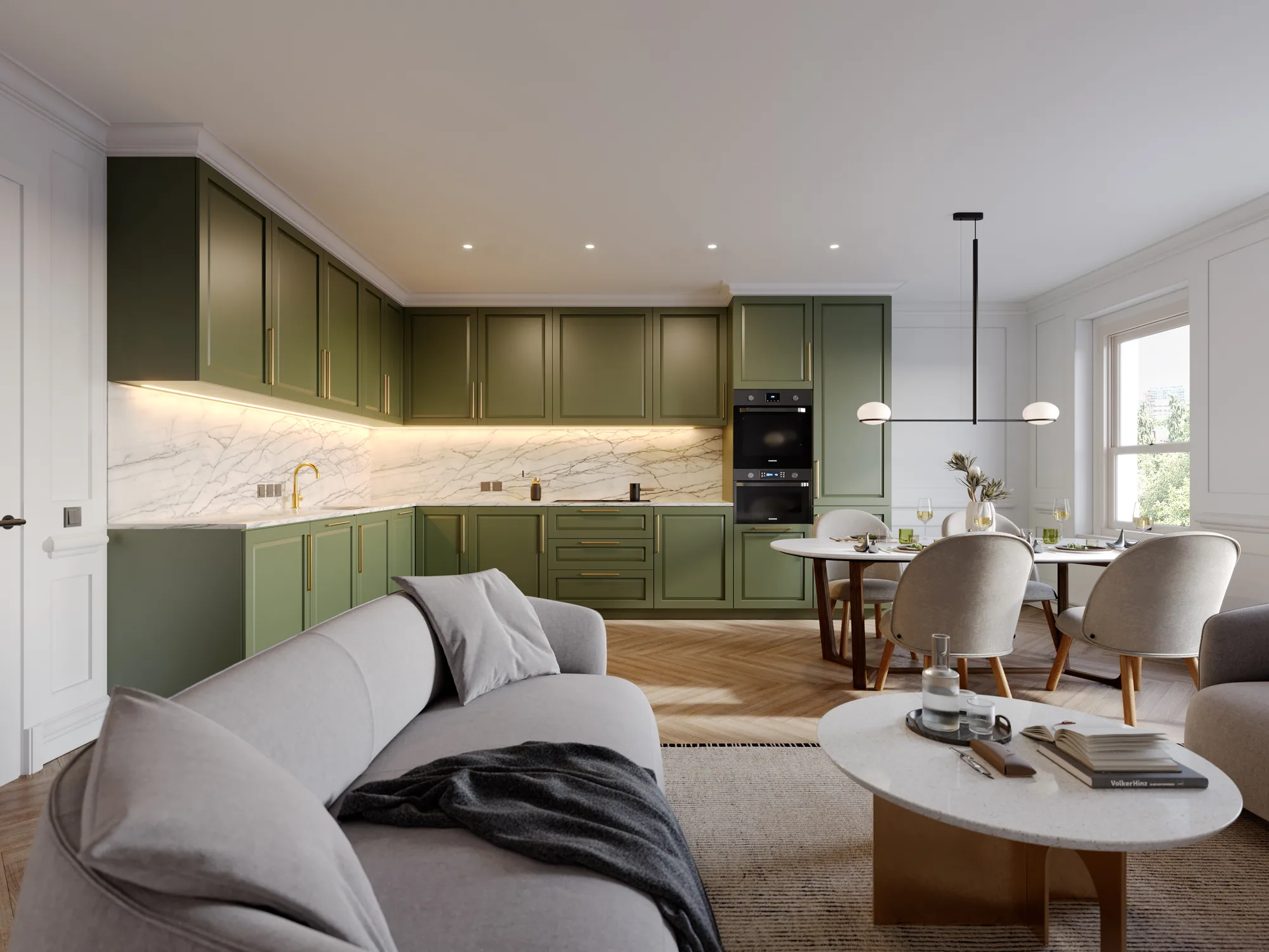 3D interior rendering of a green open-plan kitchen, UK