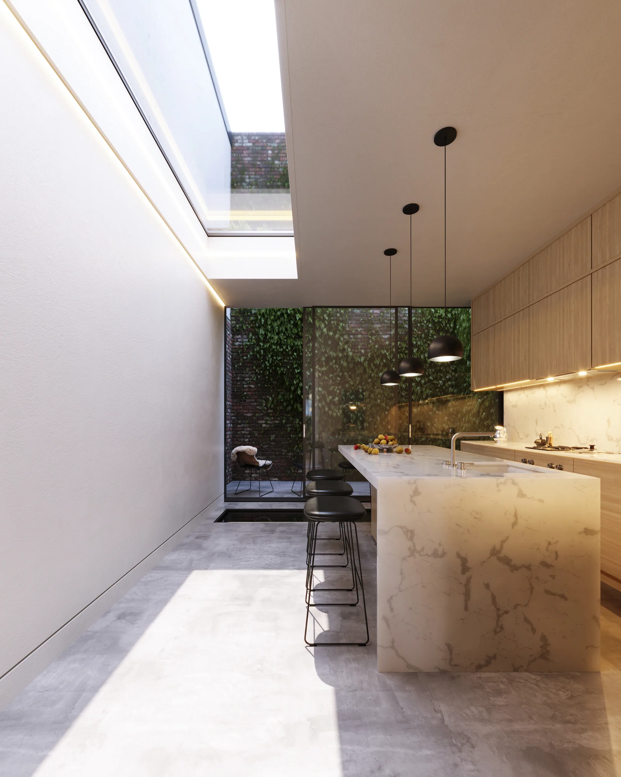 3D interior rendering of a kitchen island with a garden view, UK