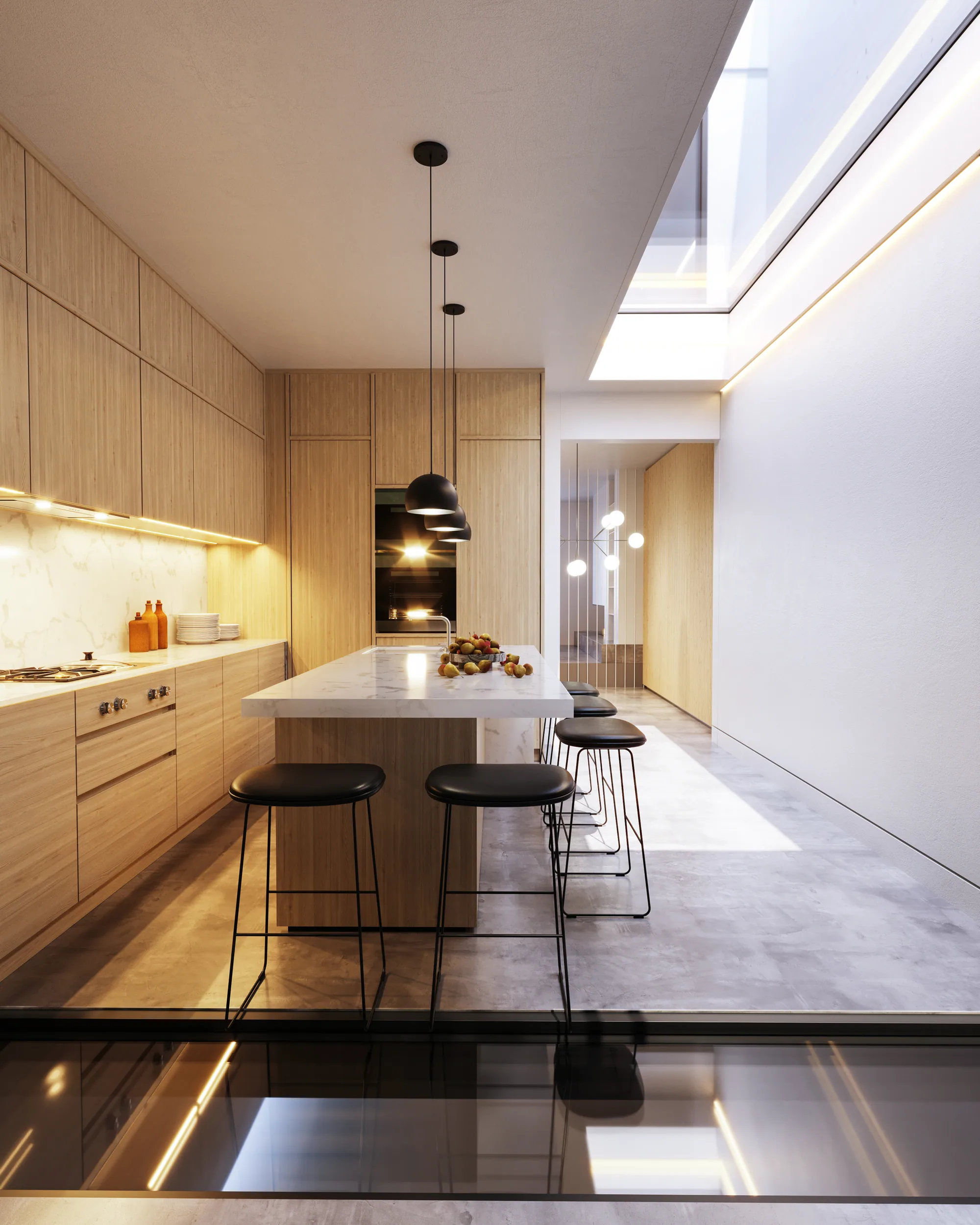 3D interior rendering of a kitchen with a skylight, UK