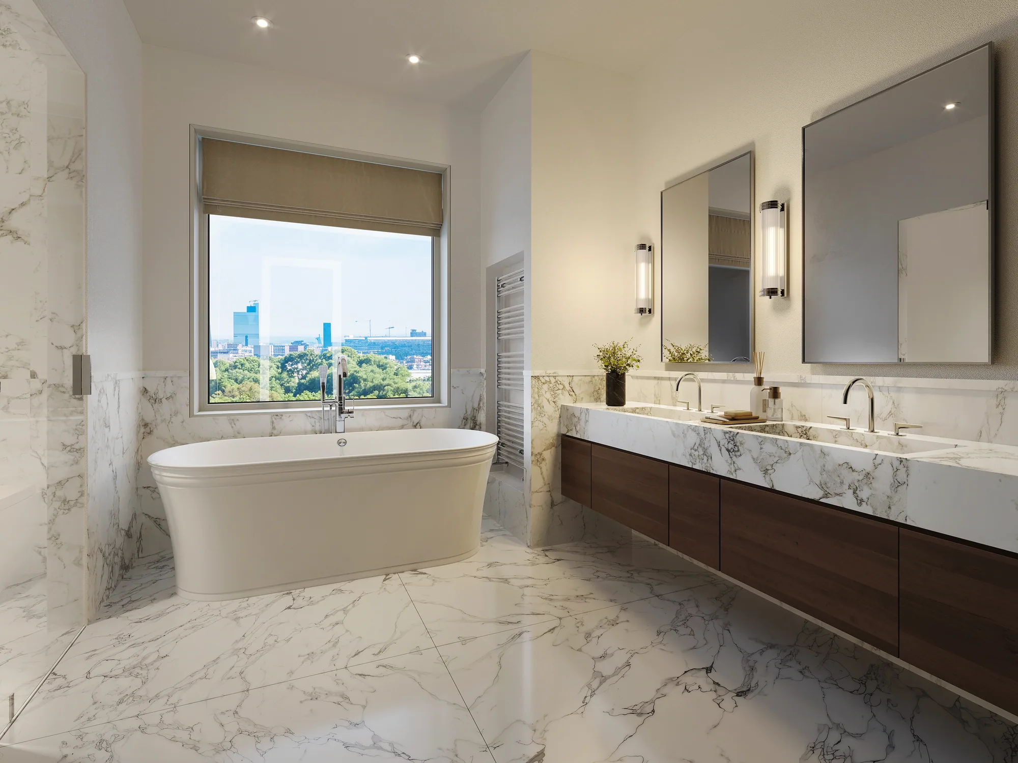 3D interior rendering of a marble bathroom with a city view, UK