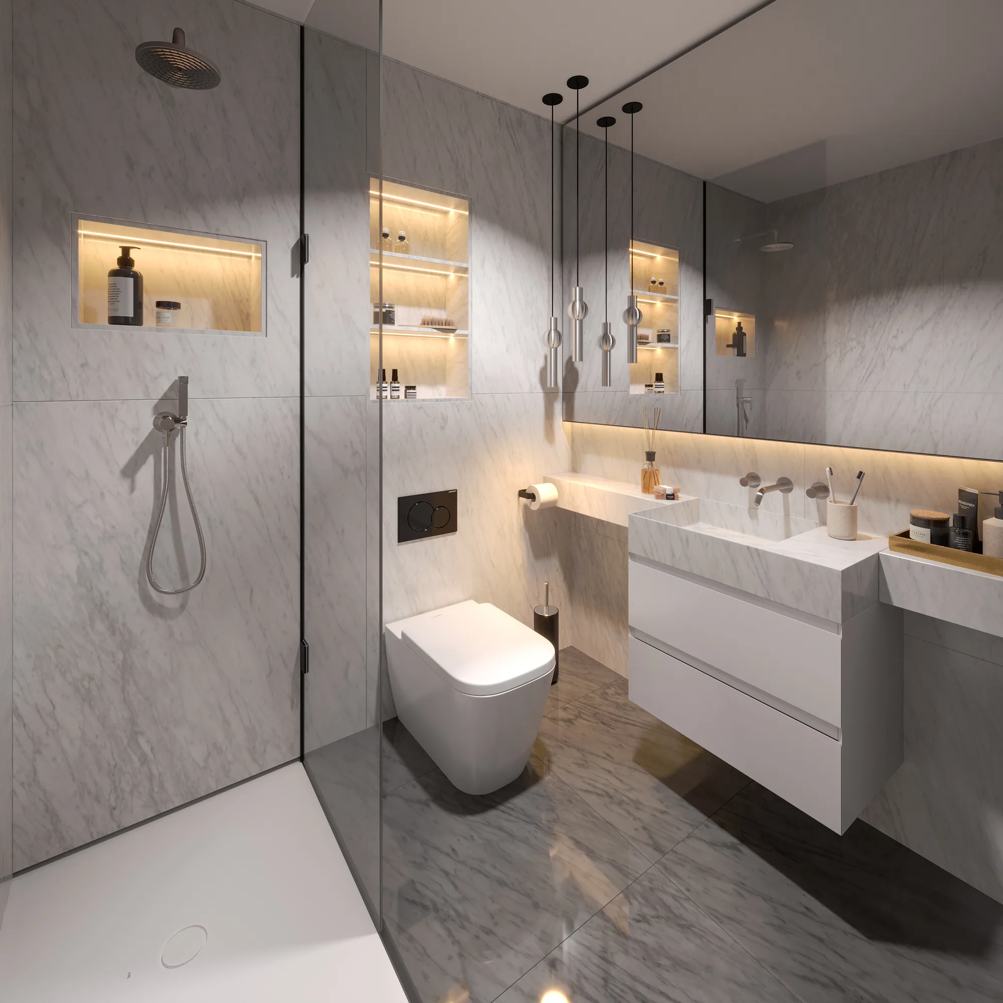 Cuarto de ducha renderizado con un nicho en la pared, un tocador flotante y azulejos con efecto piedra, UK