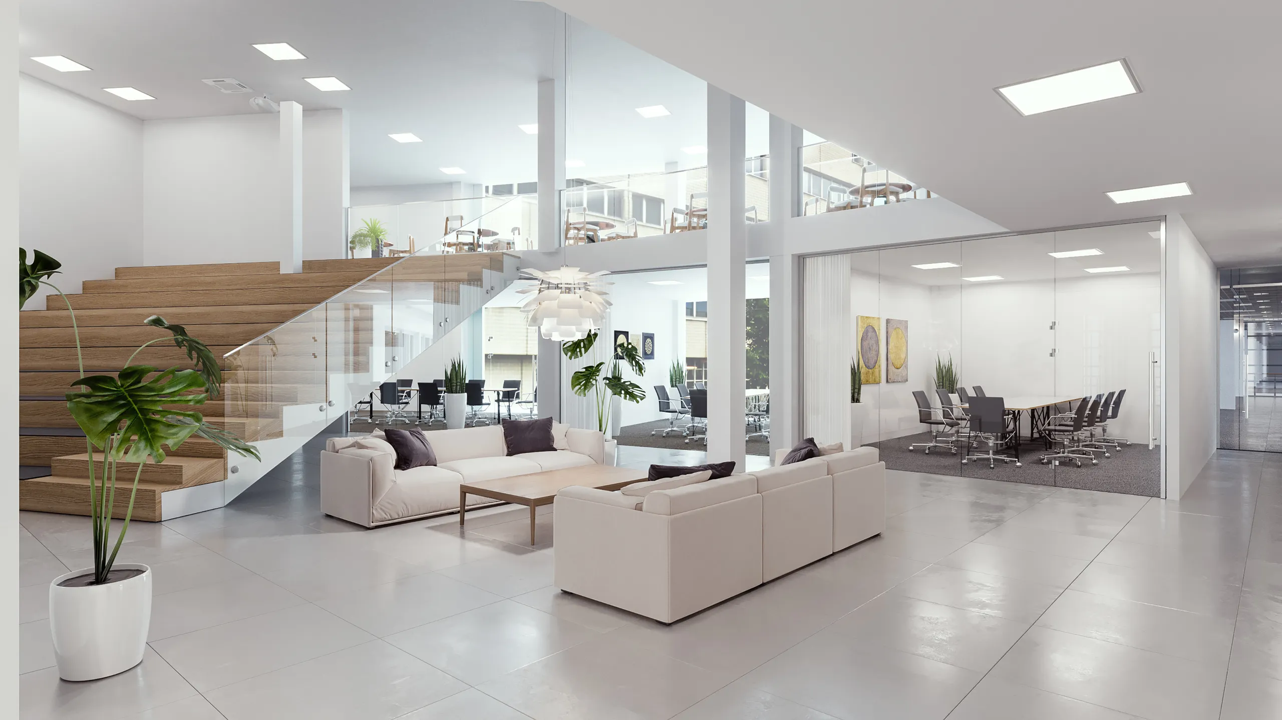 3D interior rendering of a double-height office atrium with a timber stair, glazed meeting room and sofas, Finland