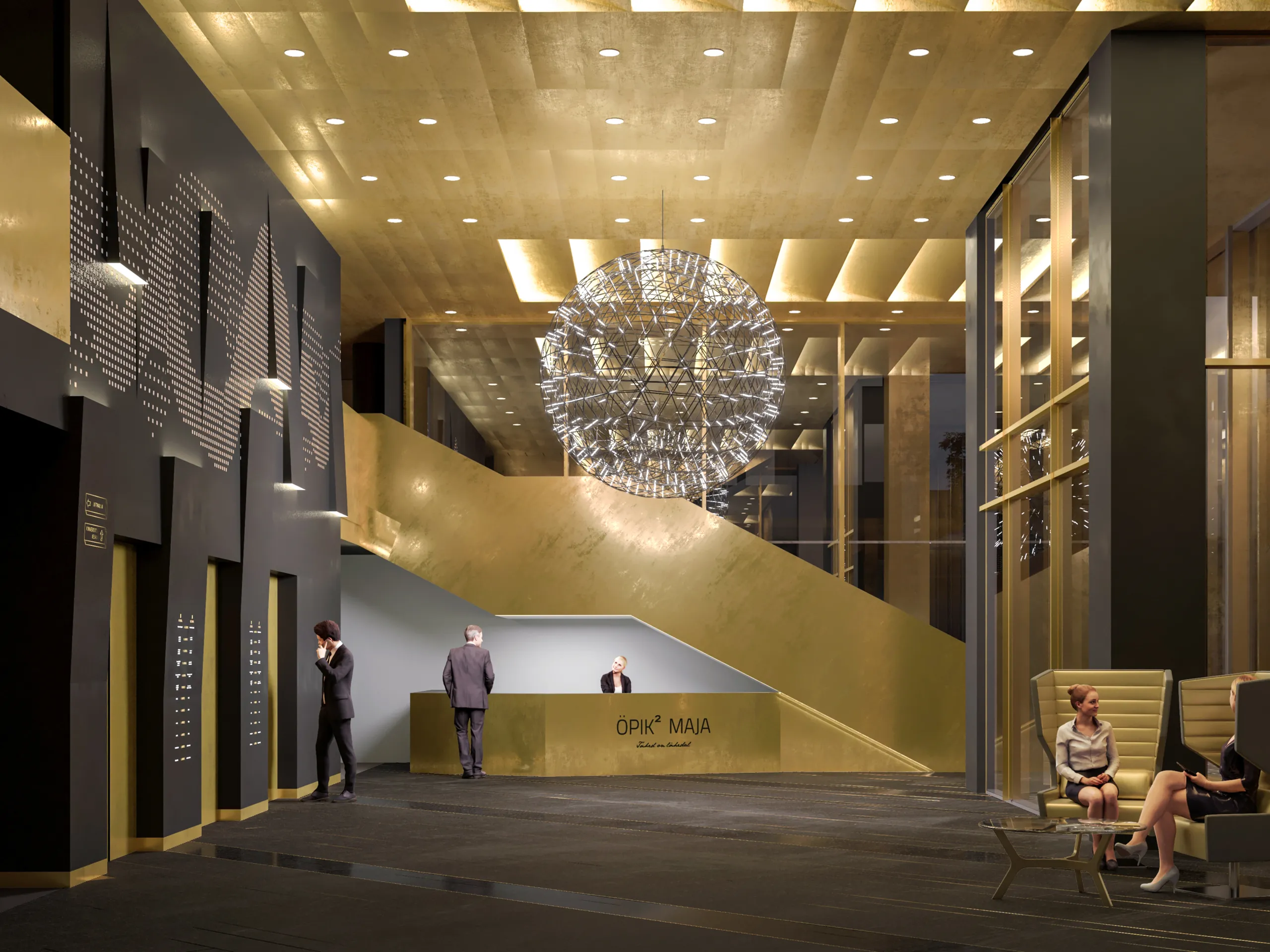 3D interior rendering of a hotel-style lobby with a gold ceiling, a large chandelier, a reception desk and a staircase, Estonia