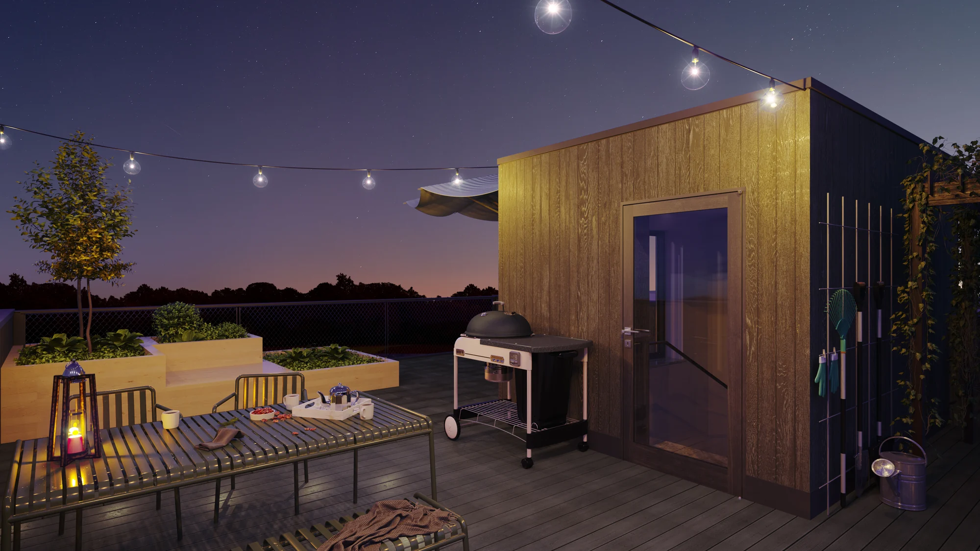 3D rendering of a roof terrace with a timber sauna and string lights at dusk, Sweden