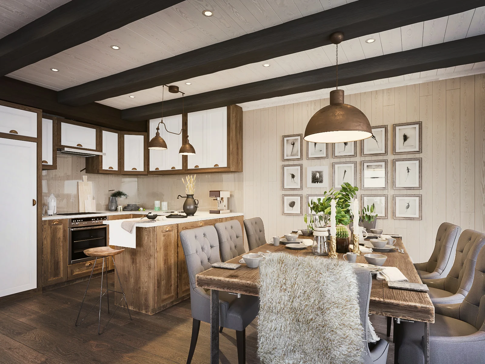 3D interior rendering of a holiday home kitchen with timber beams and a dining table, Sweden