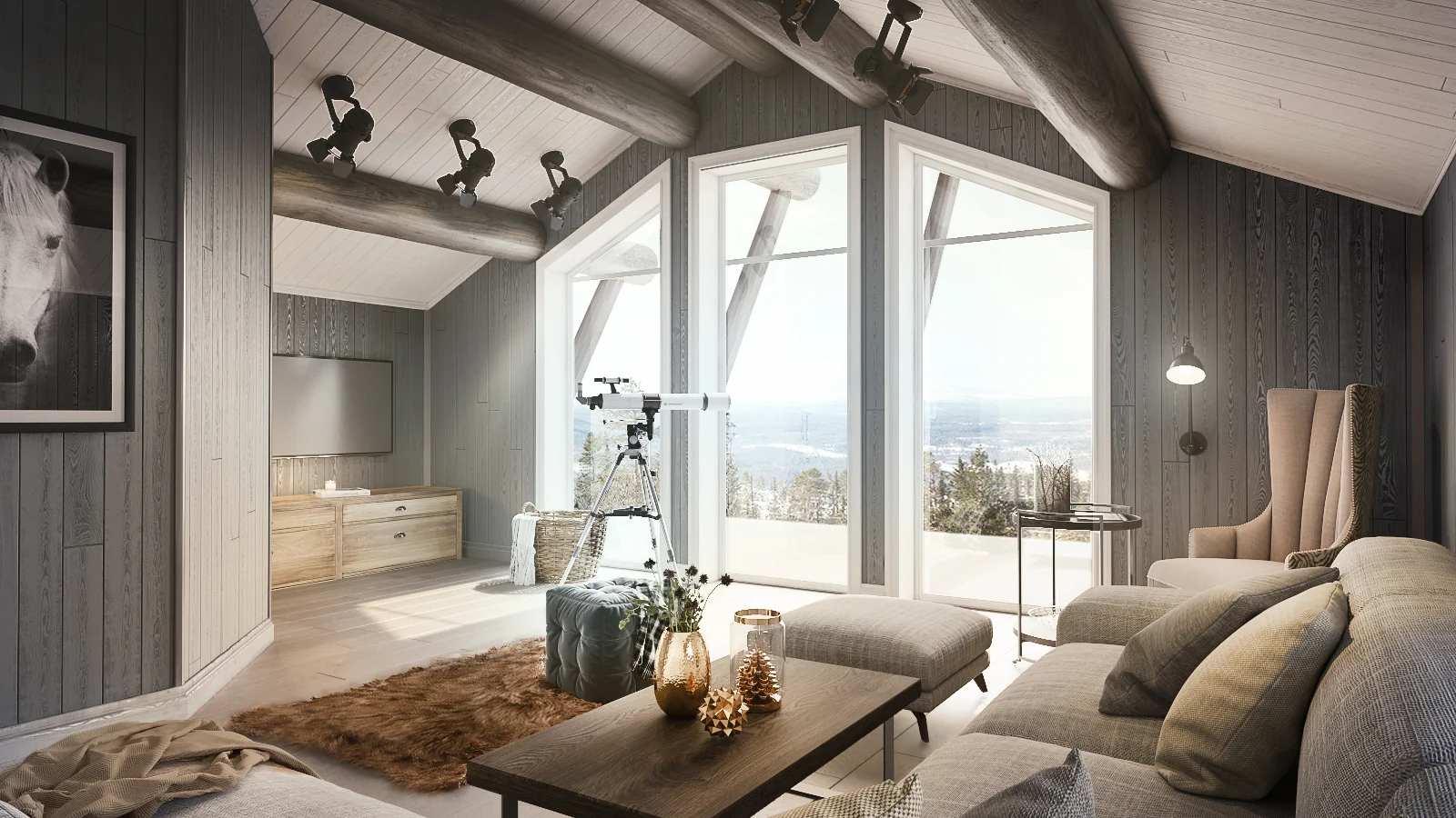 3D interior rendering of a mountain holiday home living room with tall windows and a timber ceiling, Sweden