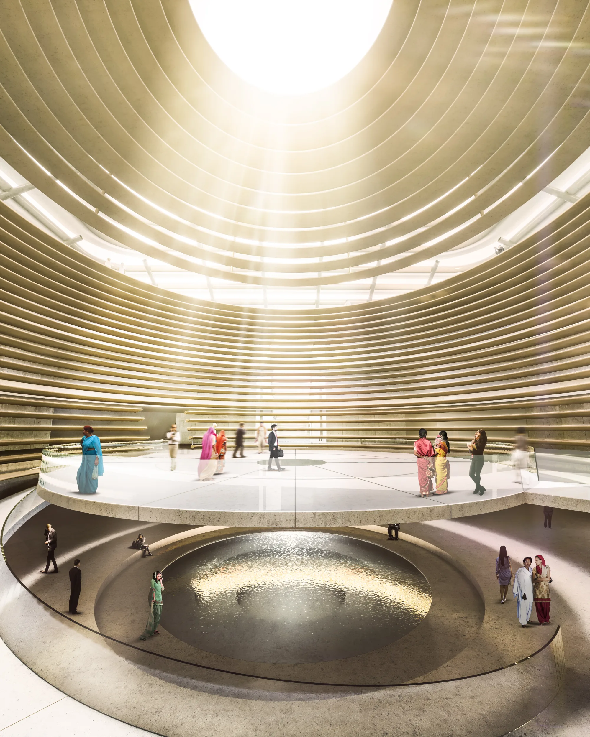 3D-Innenrendering eines geschwungenen Hotelatriums vom Lobbybereich aus gesehen, USA