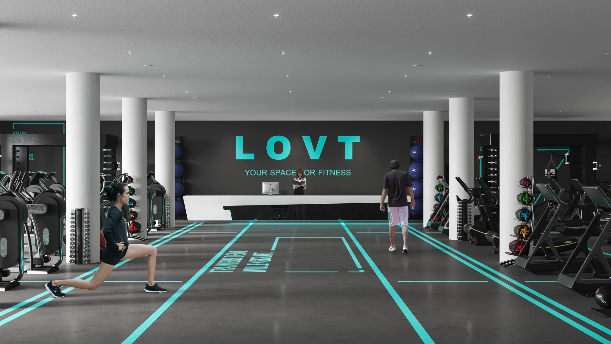 3D-Innenrendering eines Hotel-Fitnessstudios mit Cardio- und Kraftgeräten, Österreich.