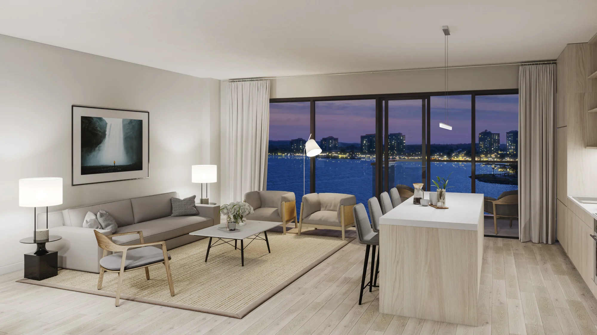 Nächtliches Innenrendering eines Seeapartment-Wohnzimmers mit beleuchteter Skyline, Kanada